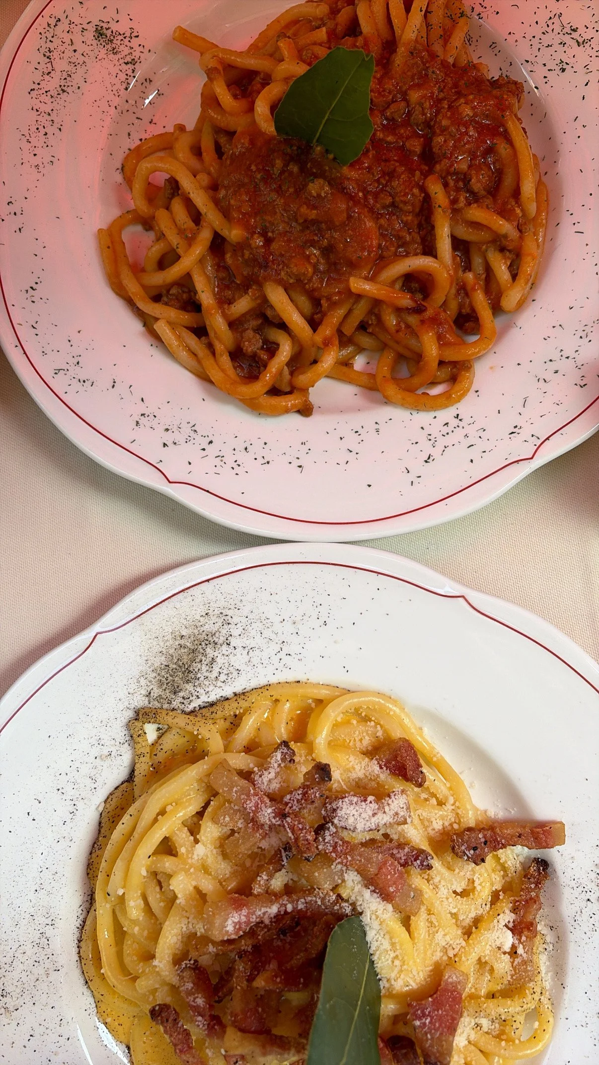 Two plates of pasta with sauce and bacon, garnished with a bay leaf and sprinkled with cheese and black pepper