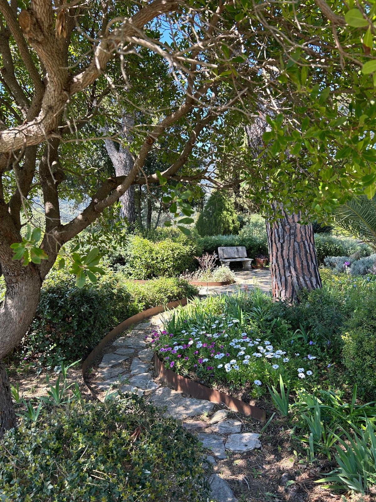 A lush garden with a winding stone path surrounded by green bushes and trees. There is a wooden bench in the background, and colorful flowers in a flower bed along the path.