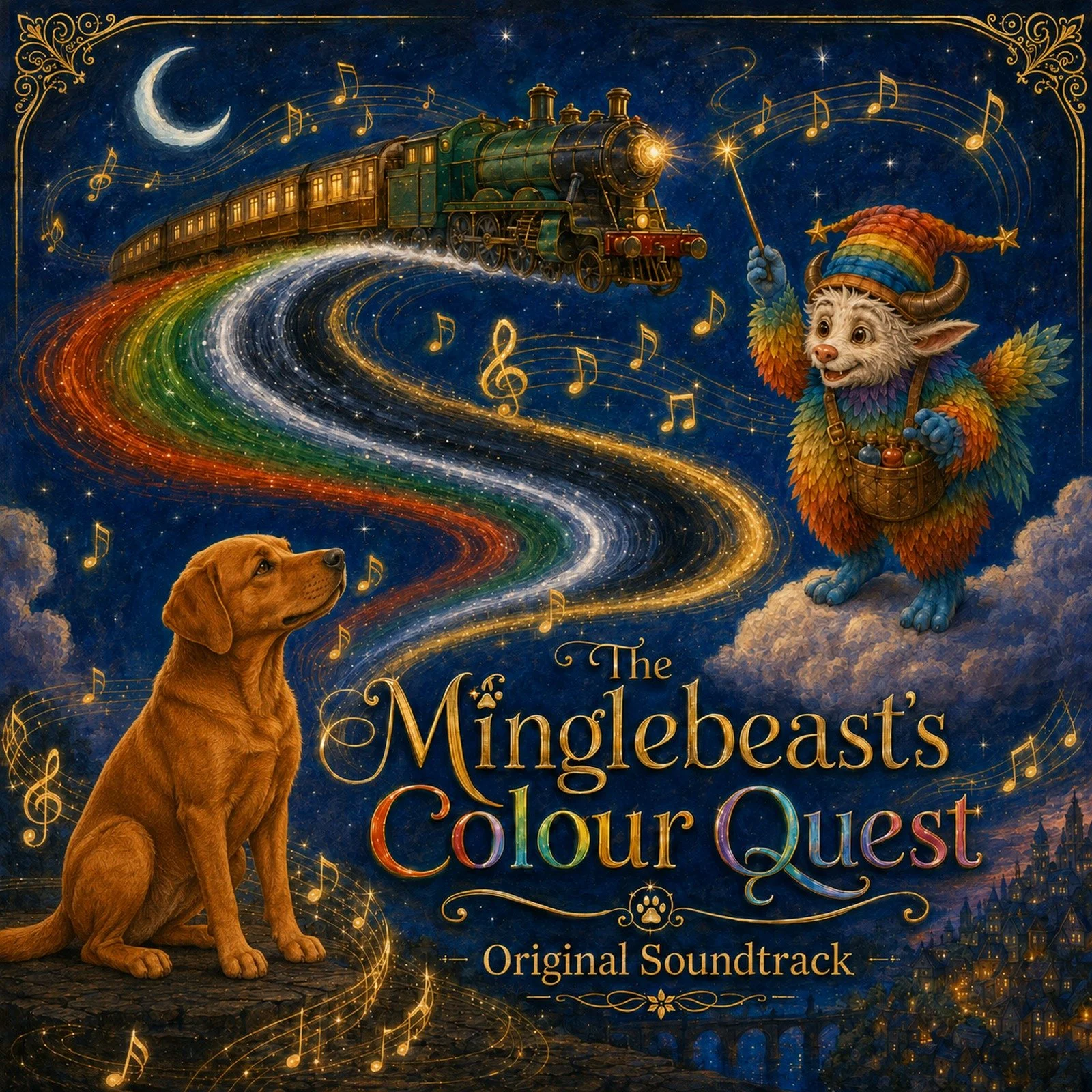 Cover art for The Minglebelst's Colour Quest original soundtrack featuring a fantasy scene with a train flying through a starry night sky, a colorful rainbow trail, a wise mouse wearing a rainbow hat and carrying a bag of magical orbs, and a dog looking up at the train, with musical notes floating in the background.