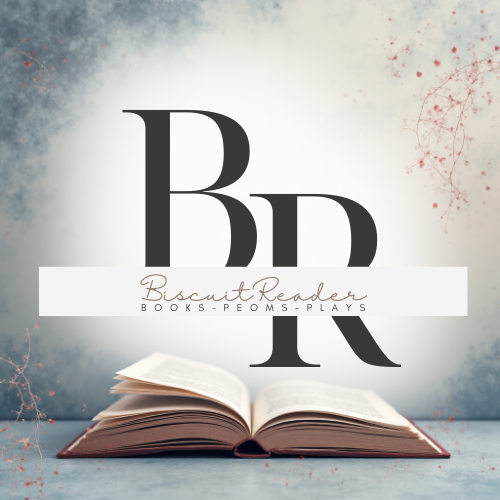 Open book with large letters 'B' and 'R' above it, and the text 'Biscuit Reader' with smaller text 'Books, Poems, Plays' on a light background.