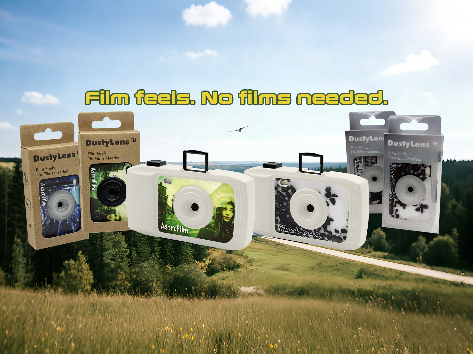 A promotional image for DustyLens disposable cameras featuring two packages and three cameras, set against a scenic outdoor background with a blue sky, distant trees, and a grassy field. The text states, "Film feels. No films needed."