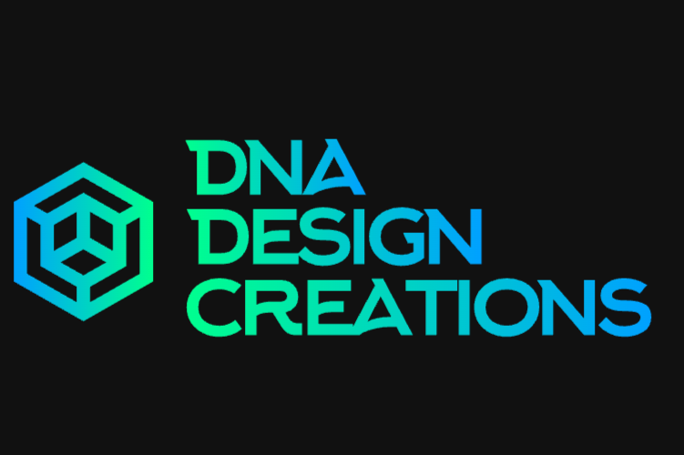 Logo with the text 'DNA Design Creations' alongside a geometric cube icon on a black background.