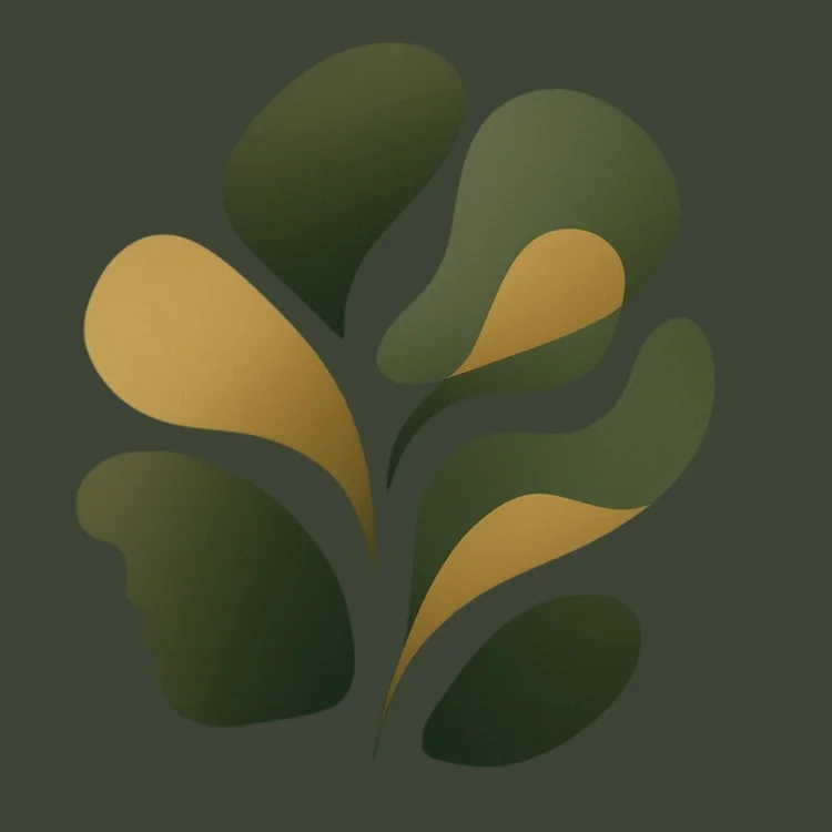 Abstract illustration with flowing green and gold organic shapes, symbolising openness, growth and the freedom to talk without judgment in a safe conversational space.