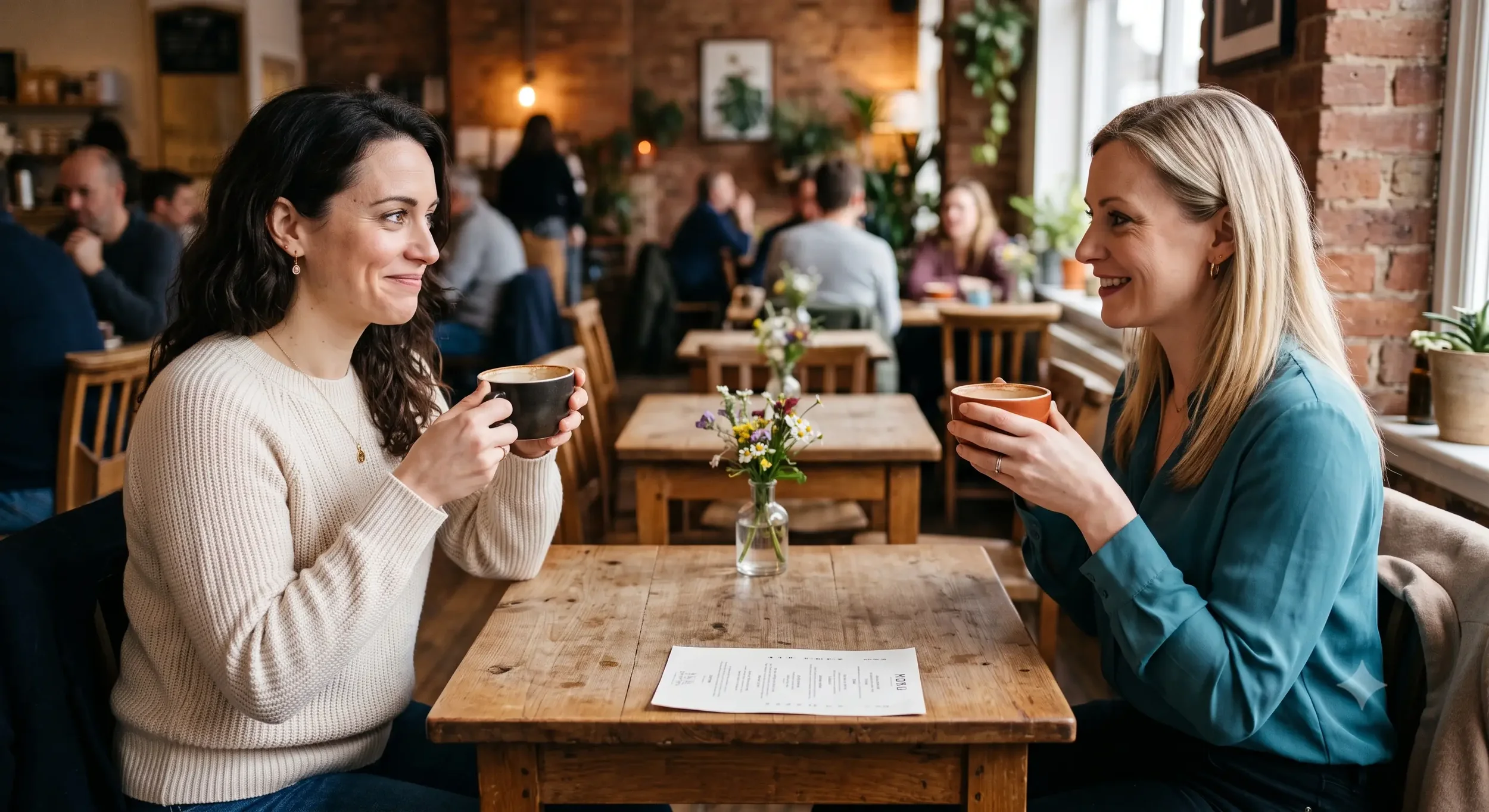 Two women sitting across from each other at a cafe table, both holding coffee cups, smiling politely but with a visible emotional distance between them, representing friendships held together by history rather than genuine present connection