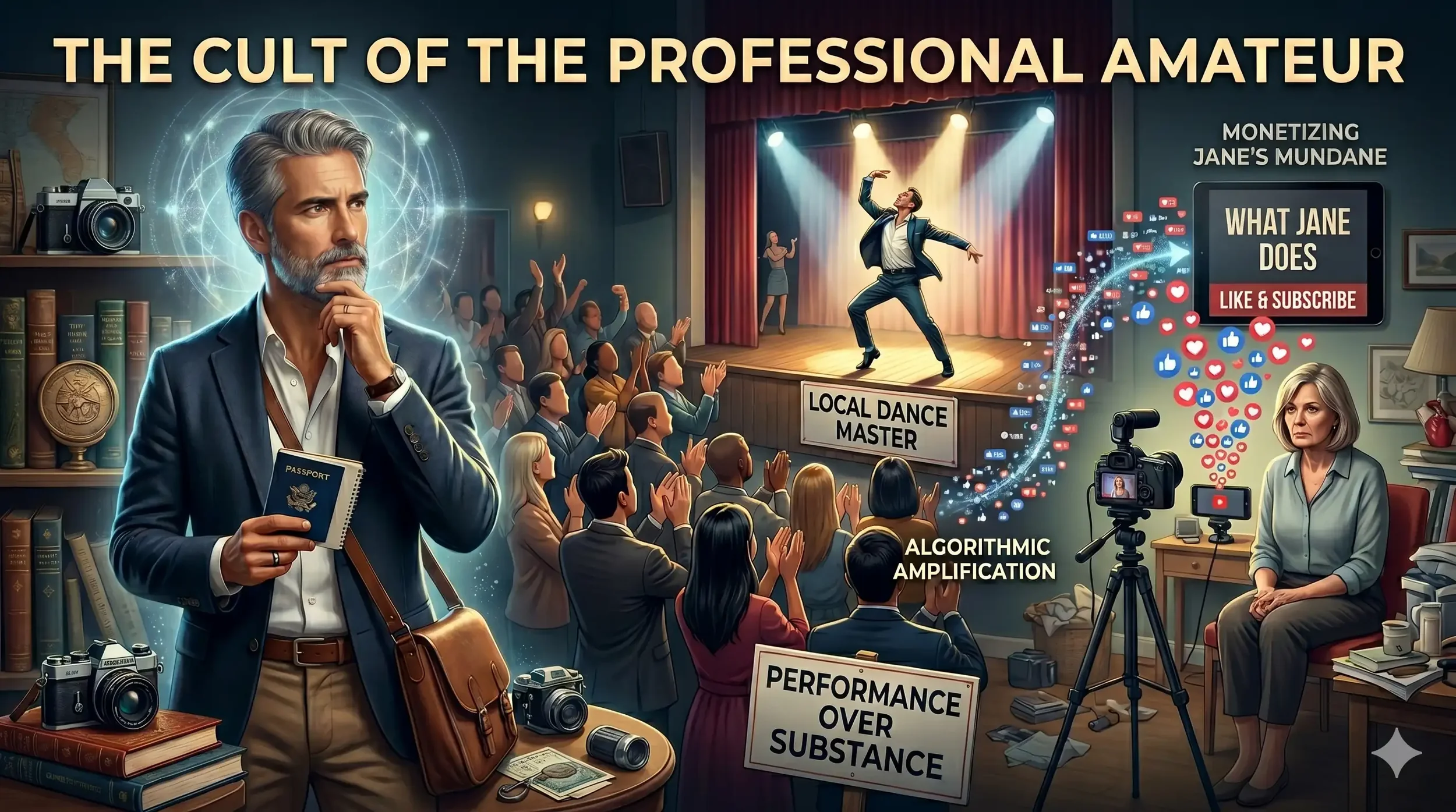 Illustration of a connoisseur observing mediocre performances and social media trends.