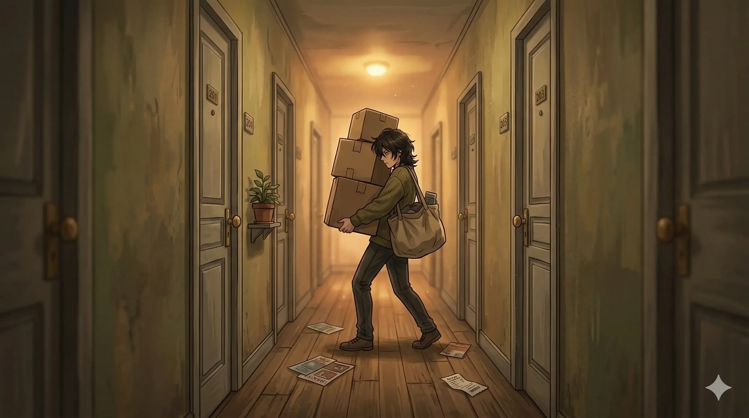 Person walking alone down a quiet hallway carrying a heavy load, with closed doors on either side — a visual metaphor for always handling things without asking for help