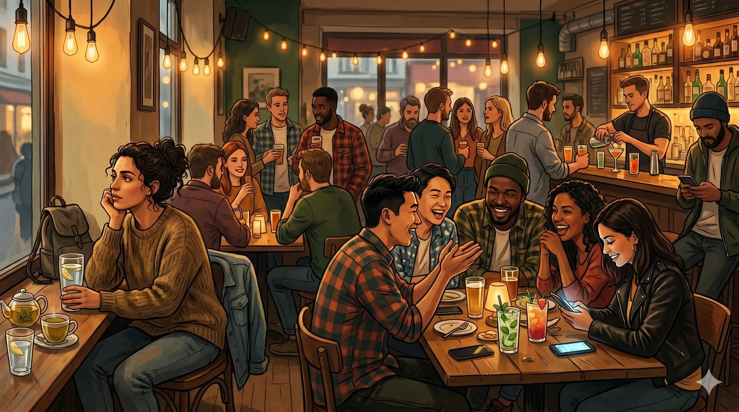 Young expat sitting alone at a busy bar table while groups around them talk and scroll their phones, capturing the emotional loneliness and shallow connections of the digital nomad social scene.