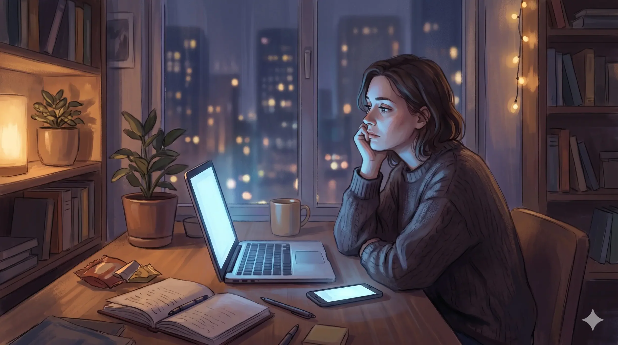 Woman sitting alone at a desk at night, laptop open, phone glowing, staring into space with a tired expression.