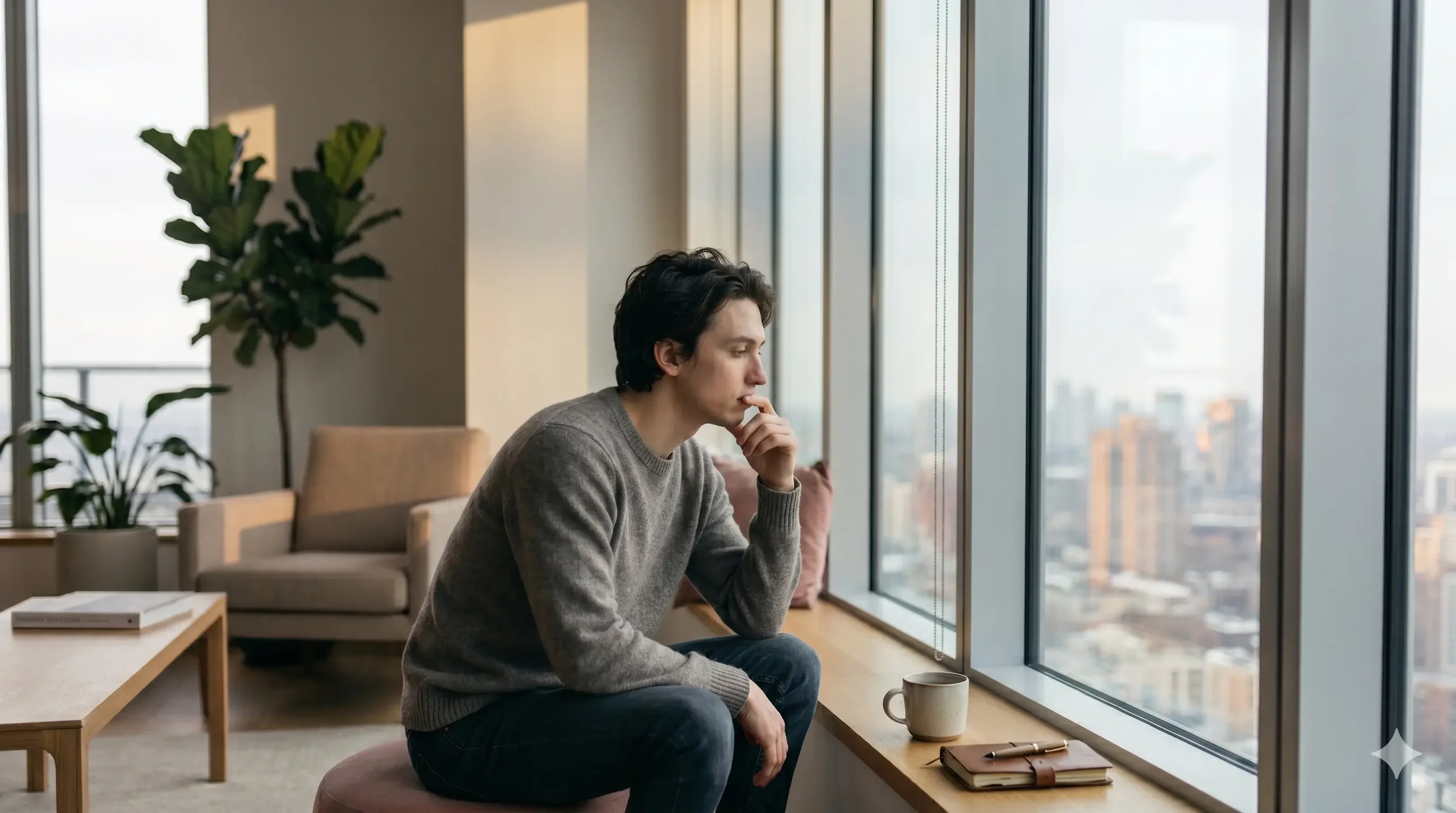 Young adult sitting by window looking thoughtful and introspective about life direction and identity