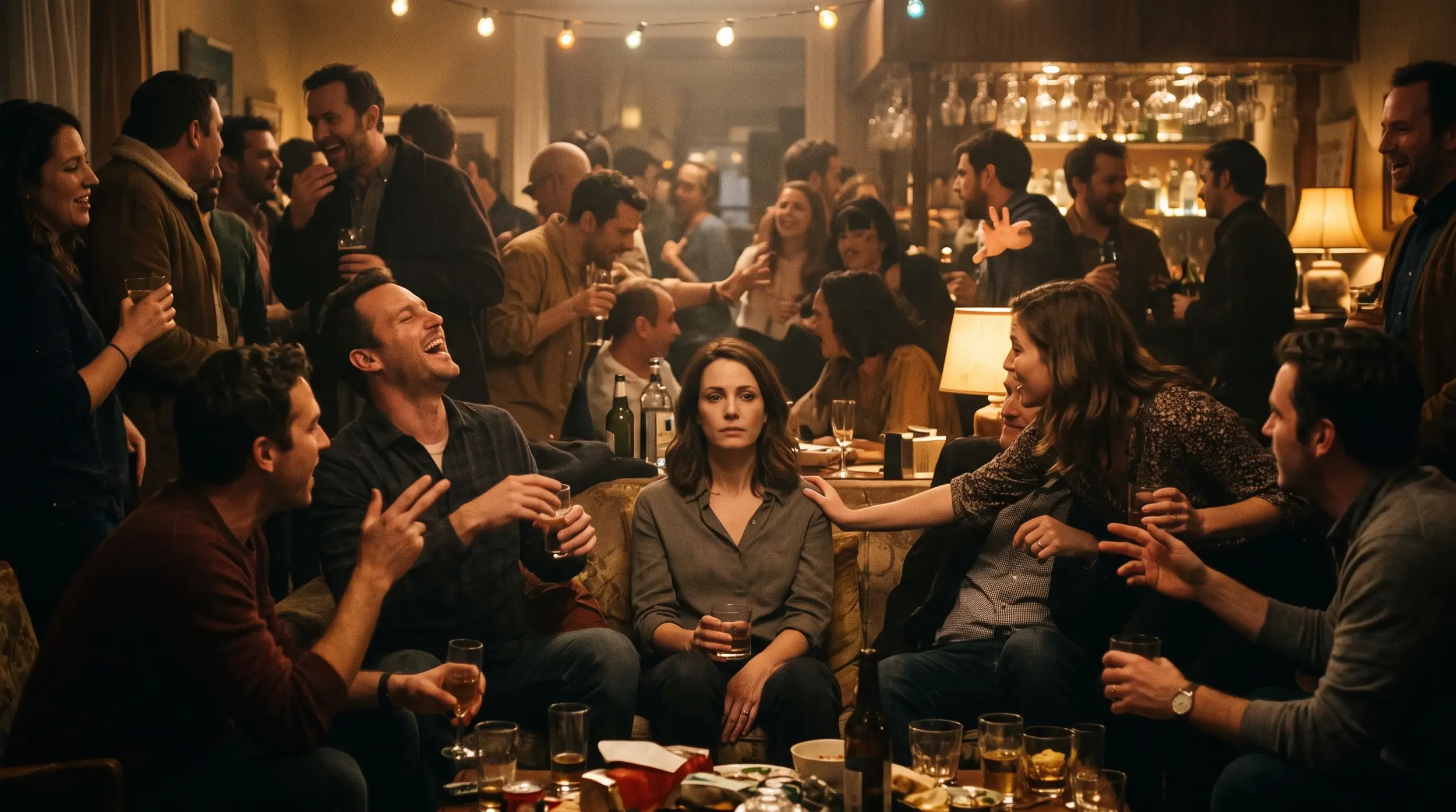 A person sitting alone and visibly exhausted at the edge of a crowded, lively social gathering while everyone around them appears energised and engaged
