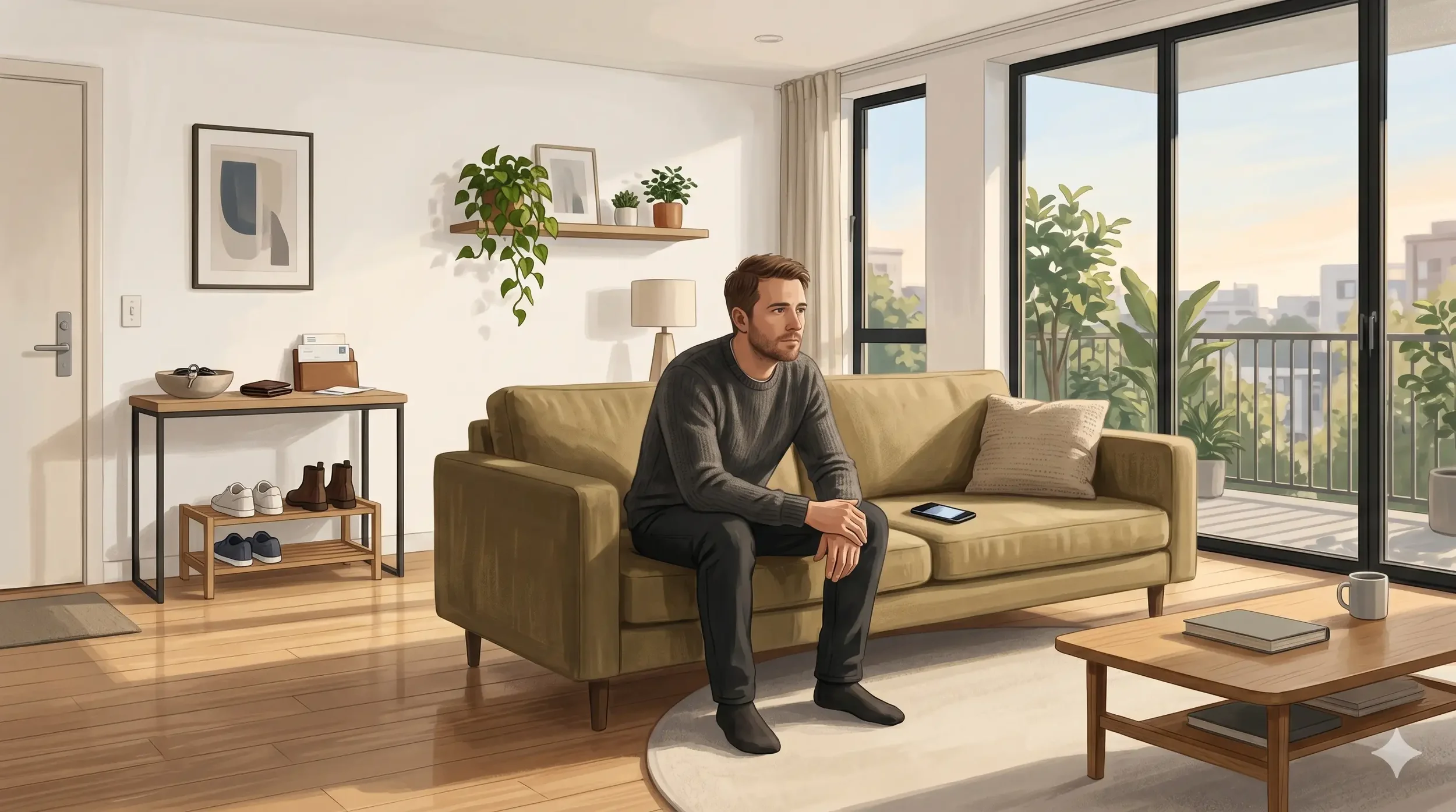 An adult man sits alone on a couch in a clean quiet living room, staring into the distance with his phone face down beside him, representing emotional numbness in high-functioning adults