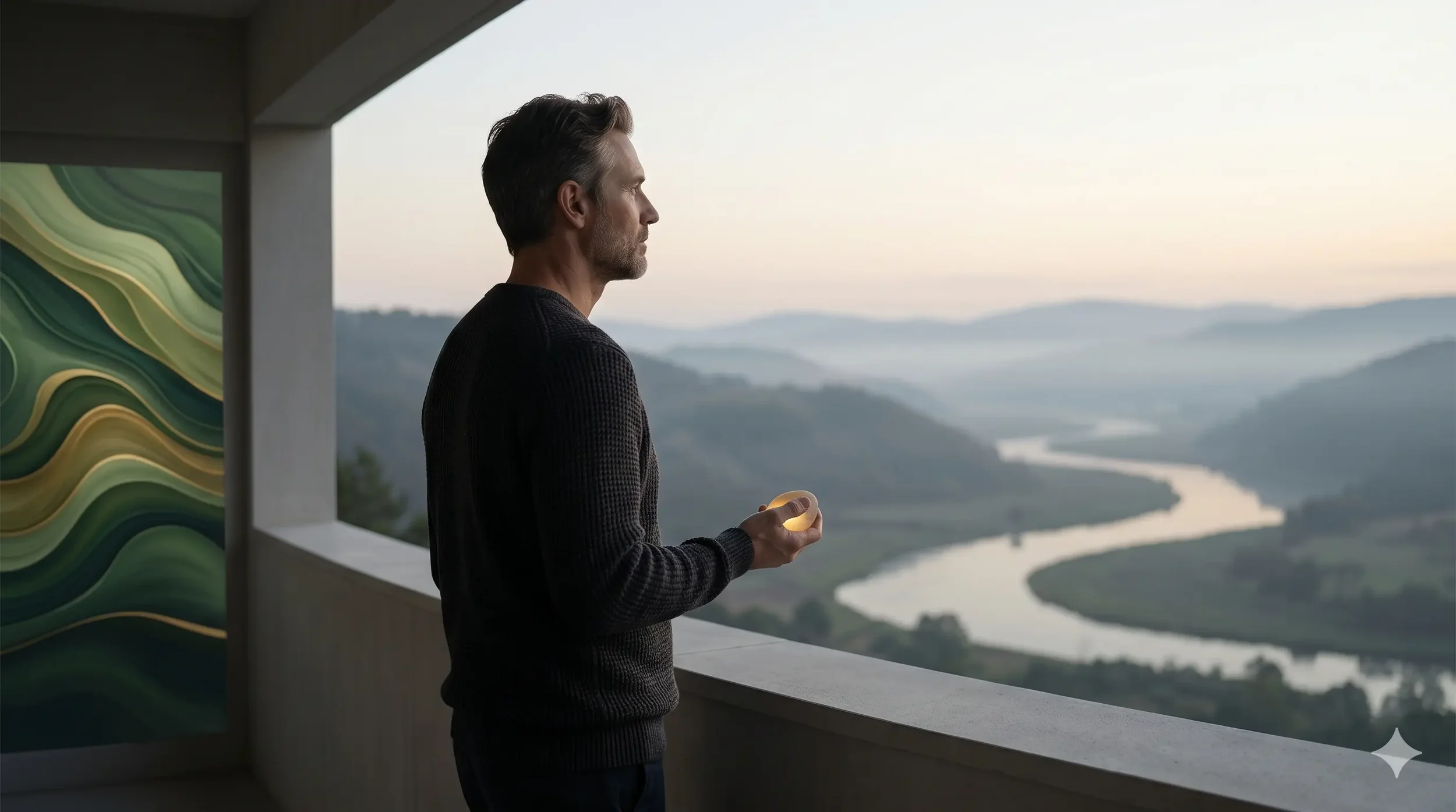 A person standing on a quiet balcony at dawn, gazing out at a serene landscape, holding a single glowing stone, symbolizing containment and private human connection away from digital noise.