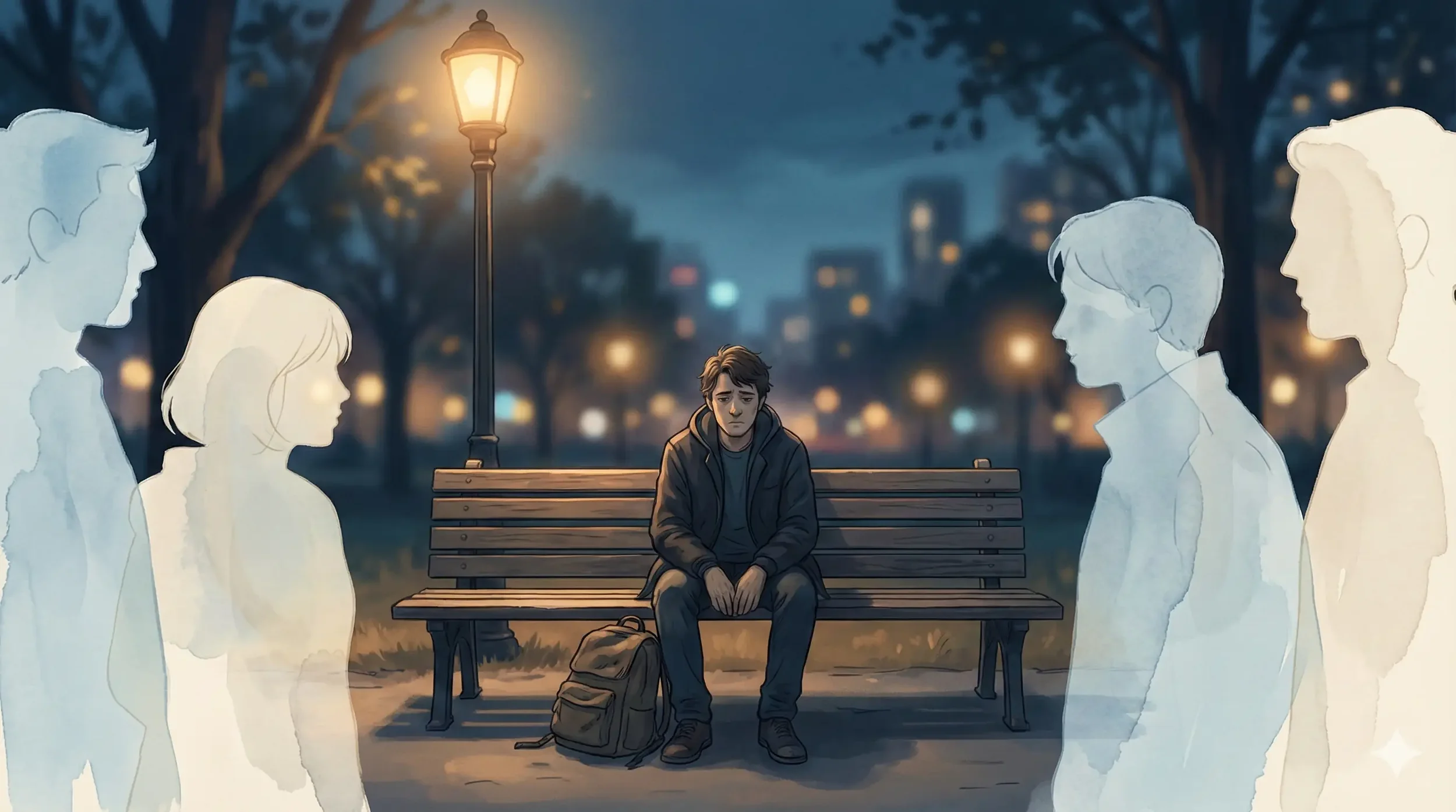 Person sitting alone on a park bench at dusk, surrounded by faint silhouettes of others, reflecting the quiet emotional burnout of being the strong one for everyone.
