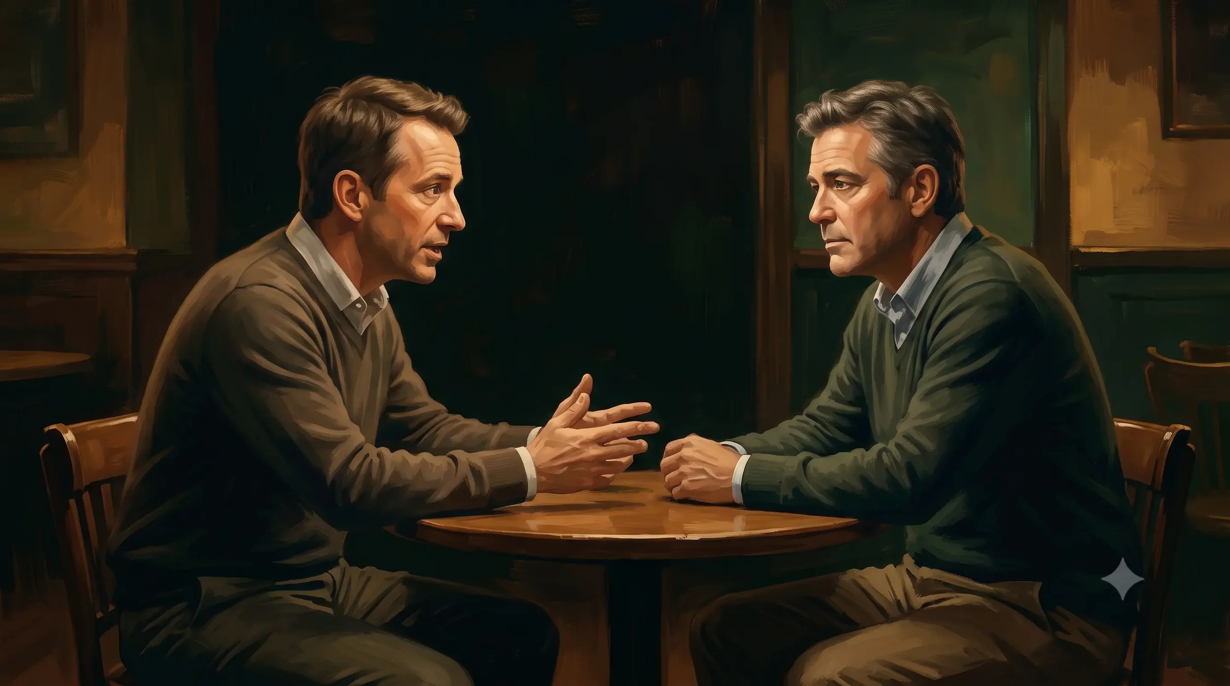 A man sits across from another person at a cafe table, both engaged in animated conversation, but he looks subtly distant, present in the exchange but not fully there, illustrating the gap between intellectual connection and emotional availability