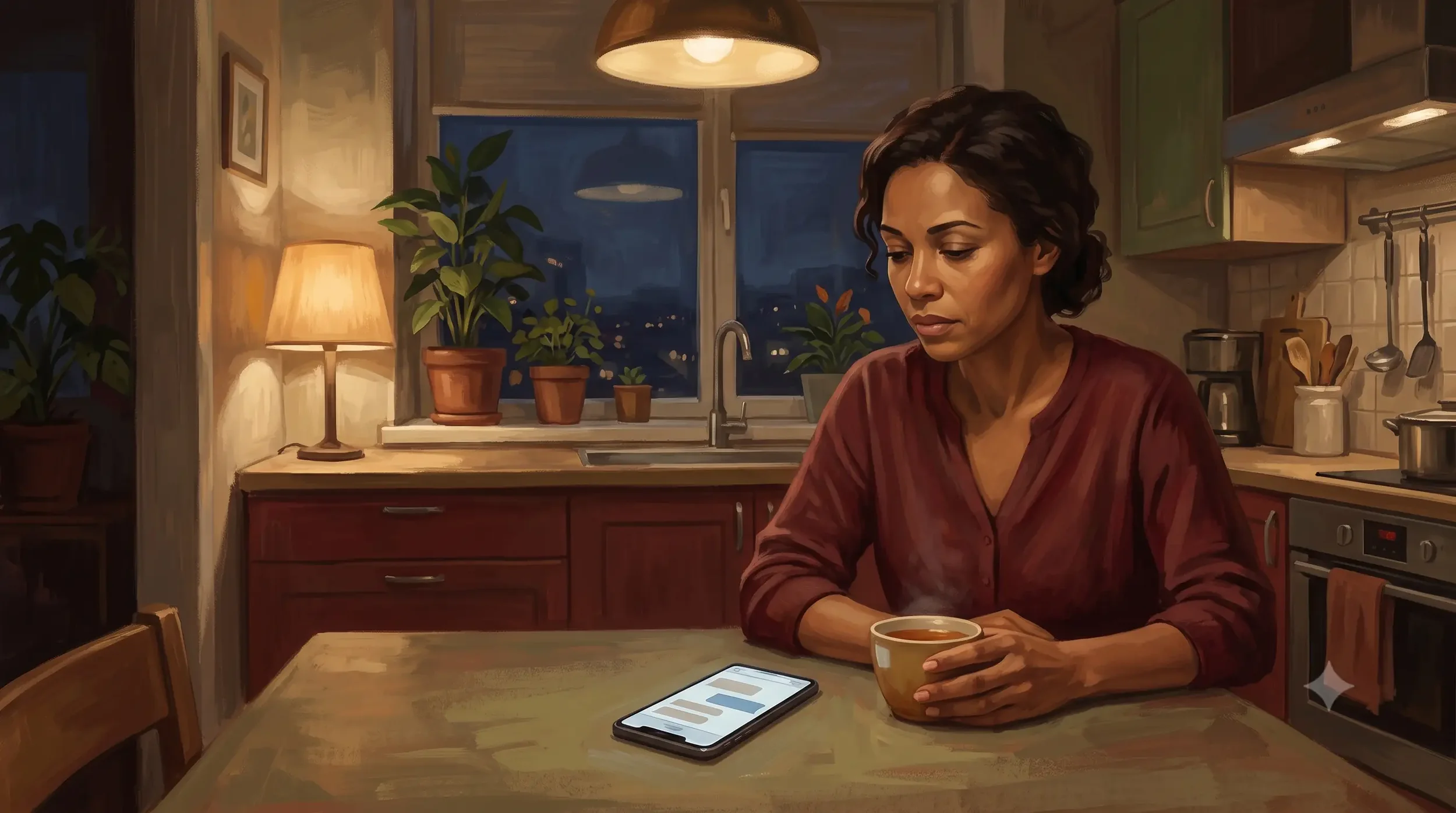 A mixed race woman around 45 sits alone at a kitchen table in the evening looking at an unanswered message on her phone, representing the quiet loneliness of one-sided relationships where people only reach out during hard times