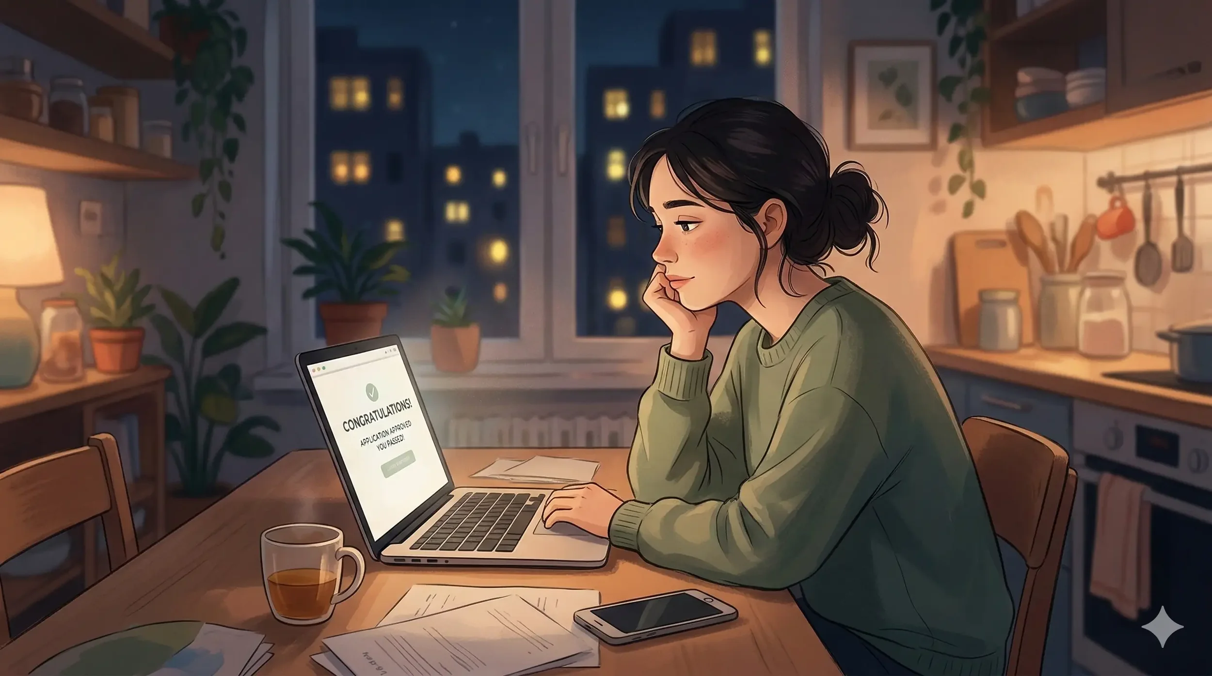Person sitting alone at a kitchen table at night, looking at a laptop that shows a “congratulations” message, quietly processing good news with no one to share it with.