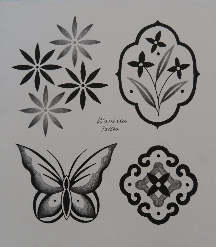 Ornamental tattoo flash sheet with a butterfly, flowers and some floral tiles. Unique and beautiful ornamental tattoo ideas by Wanissa, an Asian female tattoo artist based in Melbourne, Australia.