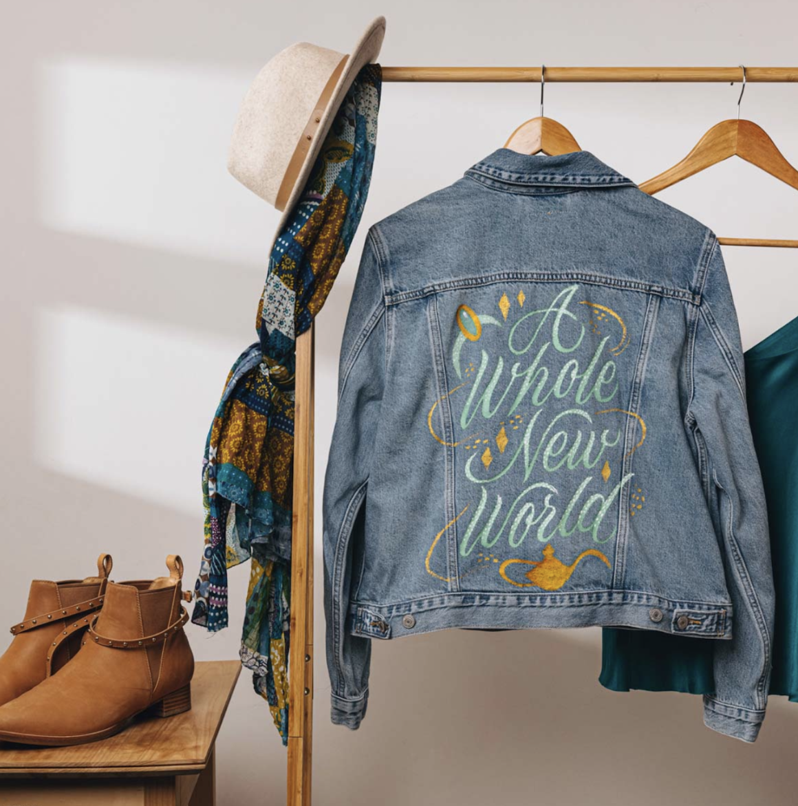 An image of a beautifully hand painted denim Jacket featuring Princess Jasmin from Disney’s Aladdin. A design commission for Disney Australia, done by Wanissa, an artist based in Melbourne.