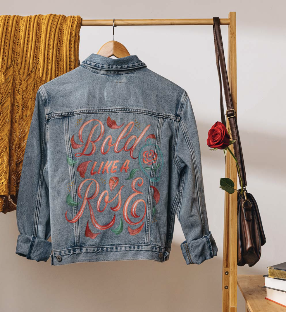 An image of a beautifully hand painted denim Jacket featuring Princess Belle from Disney's Beauty & the Beast. A design commission for Disney Australia, done by Wanissa, an artist based in Melbourne.
