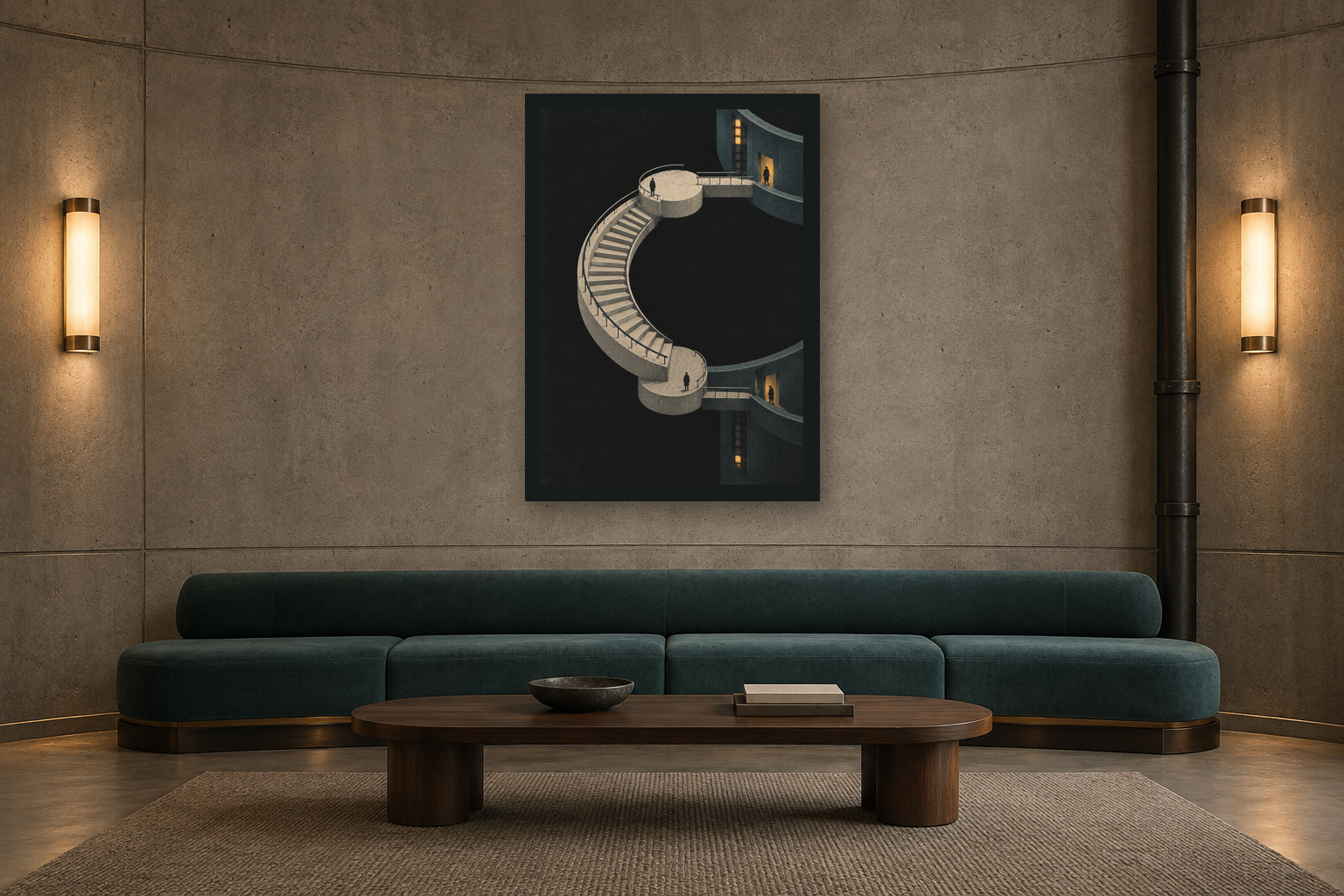 The Light Ration art print in a charcoal frame above a petrol-teal bench in an original underground concrete communal lounge with two warm wall lights.