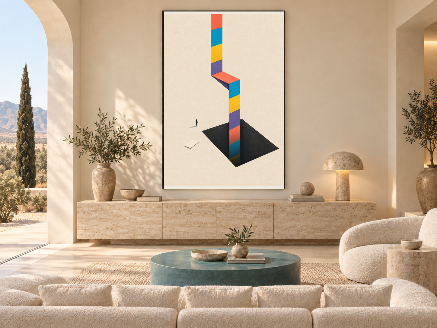 Living room with colourful folded ribbon descending into a black rectangular shaft beside a tiny figure on a cream landing.