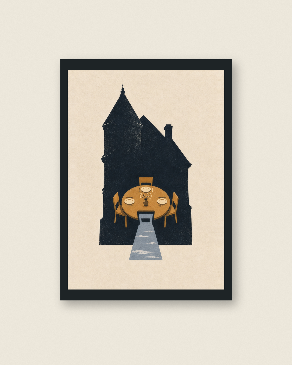The Second Place Setting art print in a slim charcoal frame on a warm ivory wall.