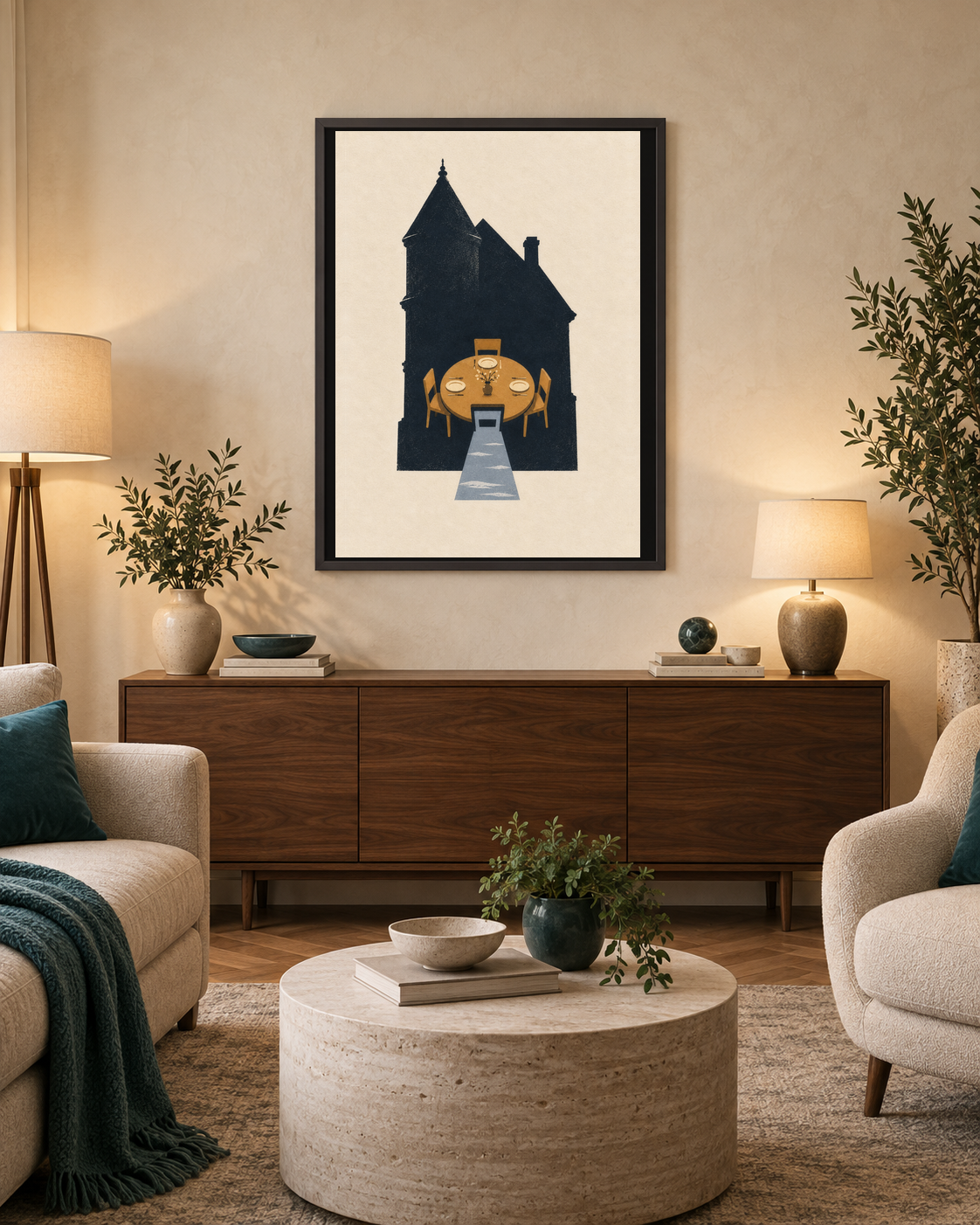 The Second Place Setting art print above a walnut sideboard in a warm cream and deep-teal living room with both lamps illuminated.