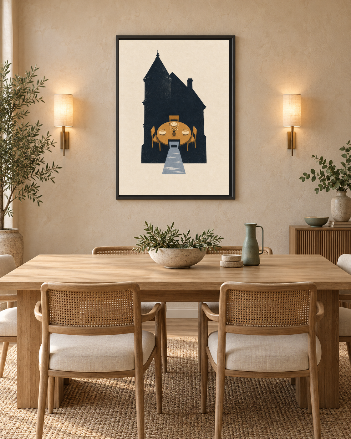 The Second Place Setting art print above a pale oak dining table in a calm modern room with both wall lights illuminated.