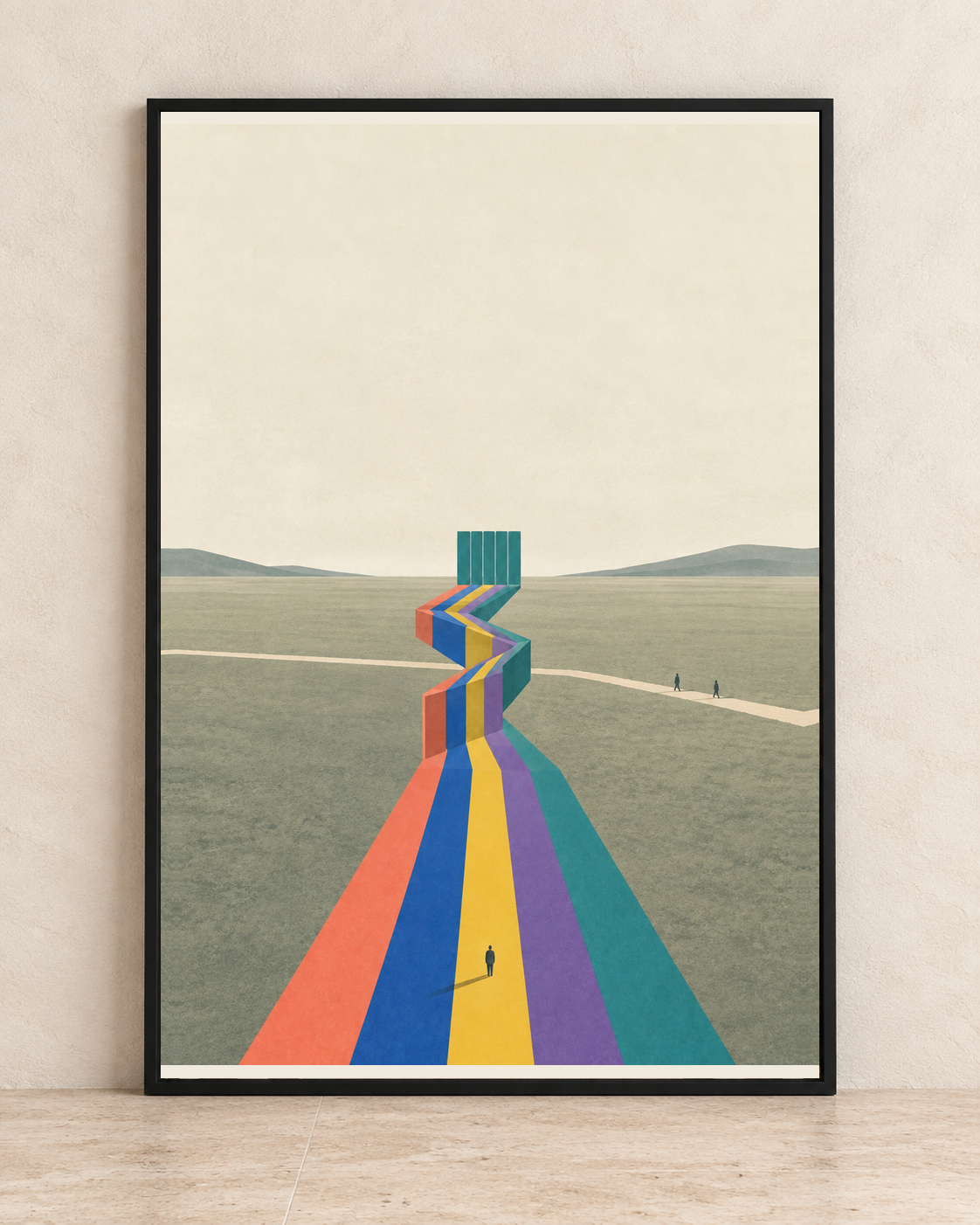 Five saturated corridor planes folding upward into nearly identical teal panels beside a quiet sage path.