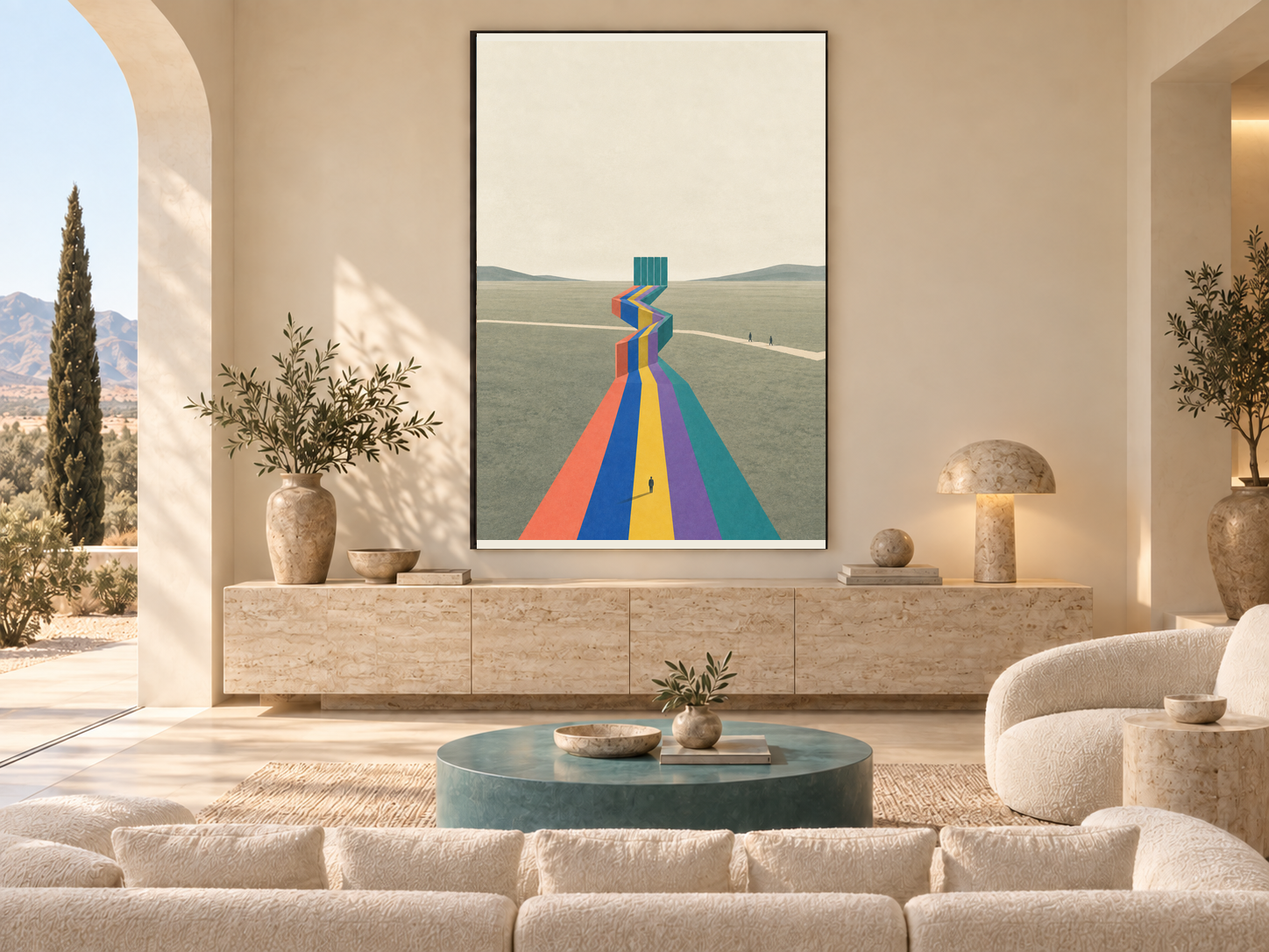 Living room with five saturated corridor planes folding upward into nearly identical teal panels beside a quiet sage path.