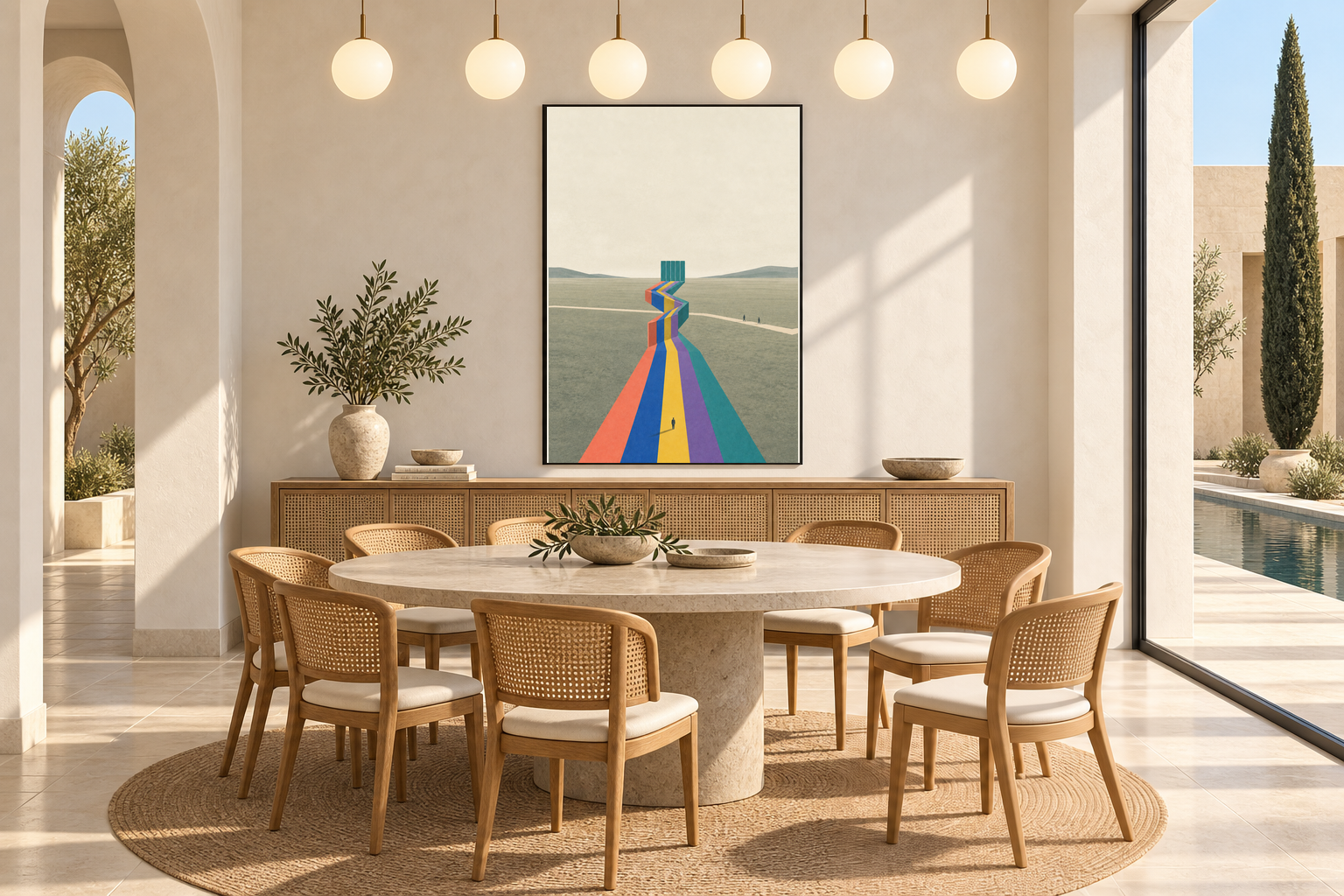 Dining room with five saturated corridor planes folding upward into nearly identical teal panels beside a quiet sage path.