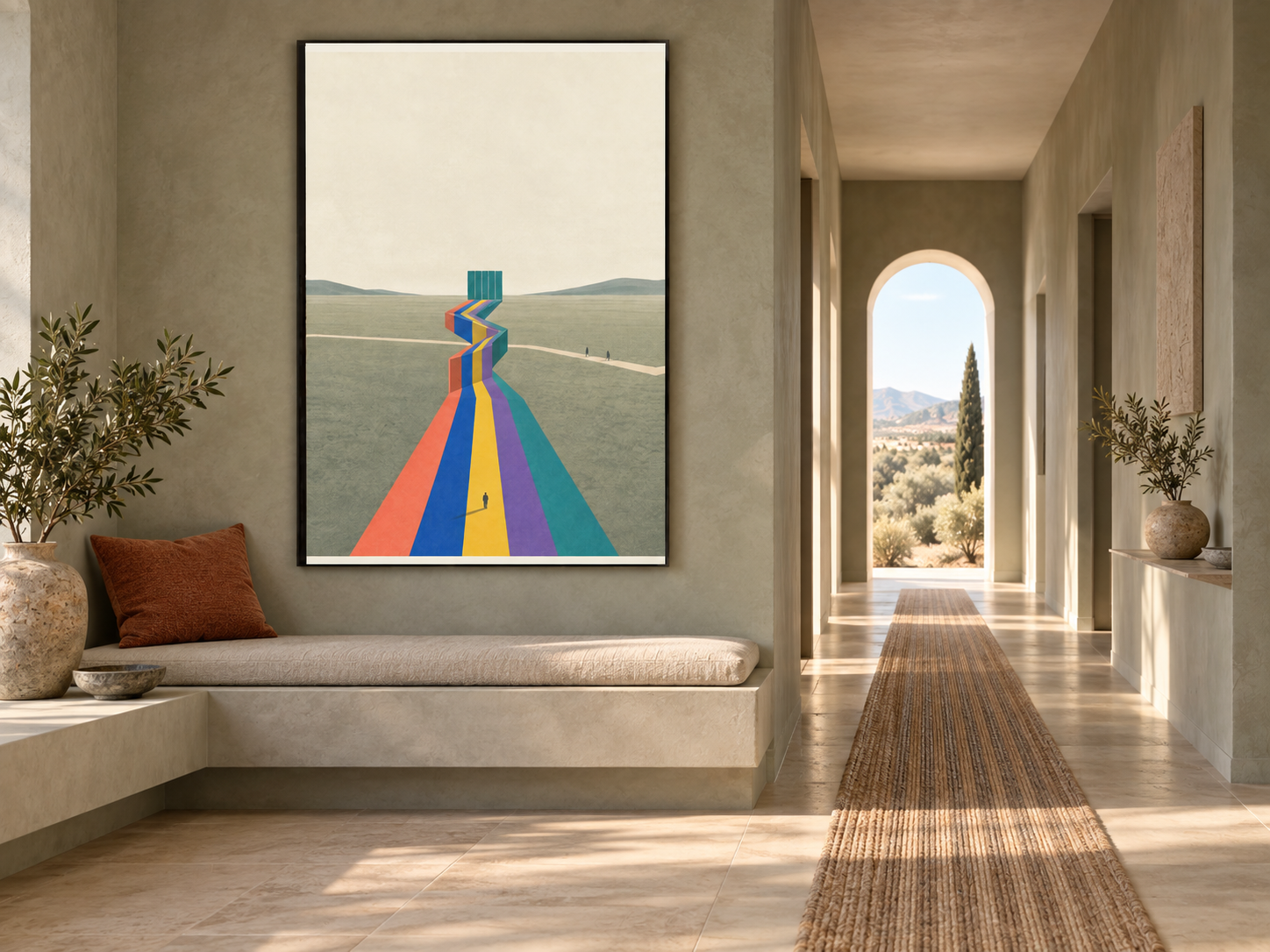Long gallery hallway with The Path Returns Narrower framed beside a woven runner that subtly contracts toward the doorway.