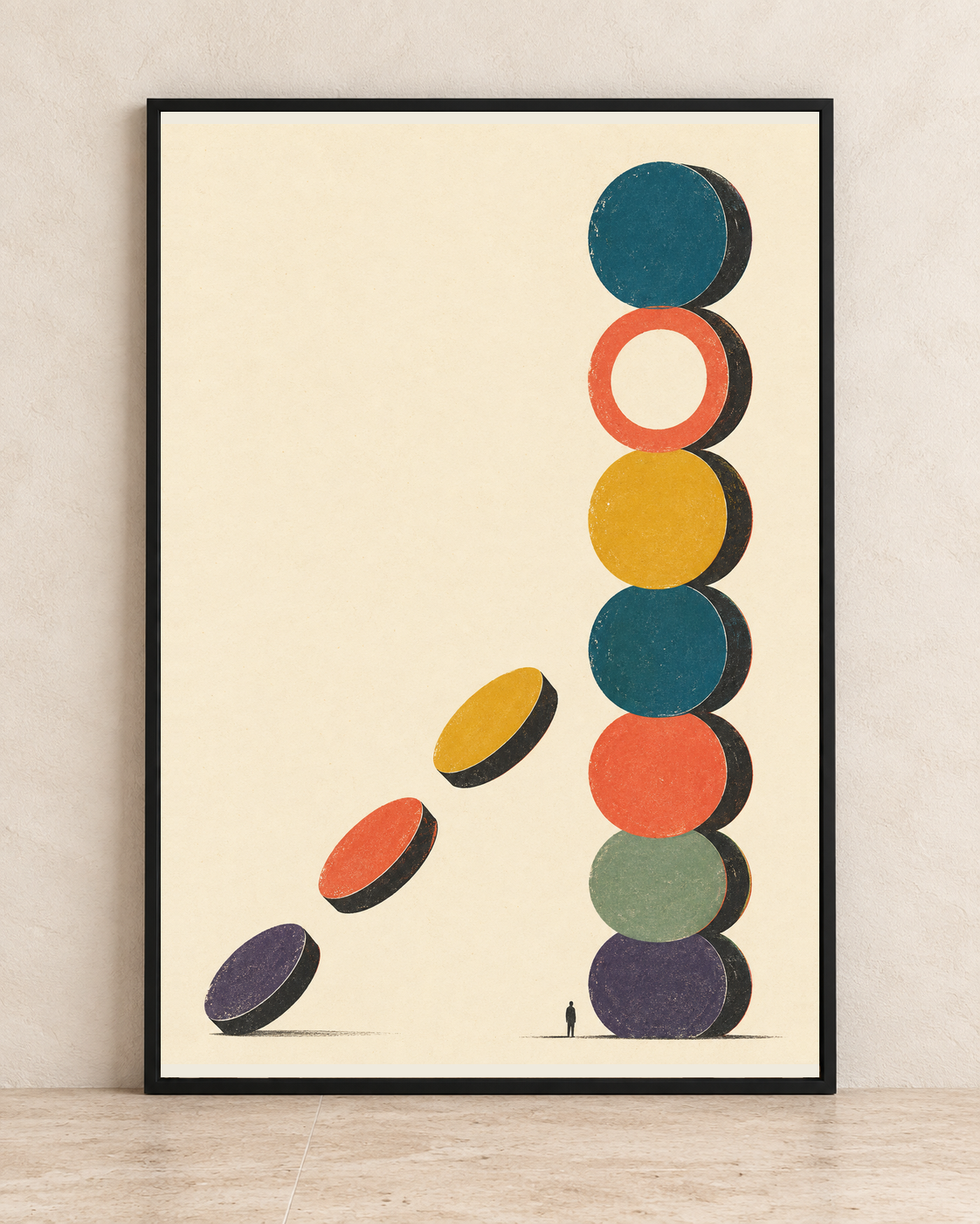 Vertical stack of saturated circular discs with earlier discs peeling away across a wide cream field.