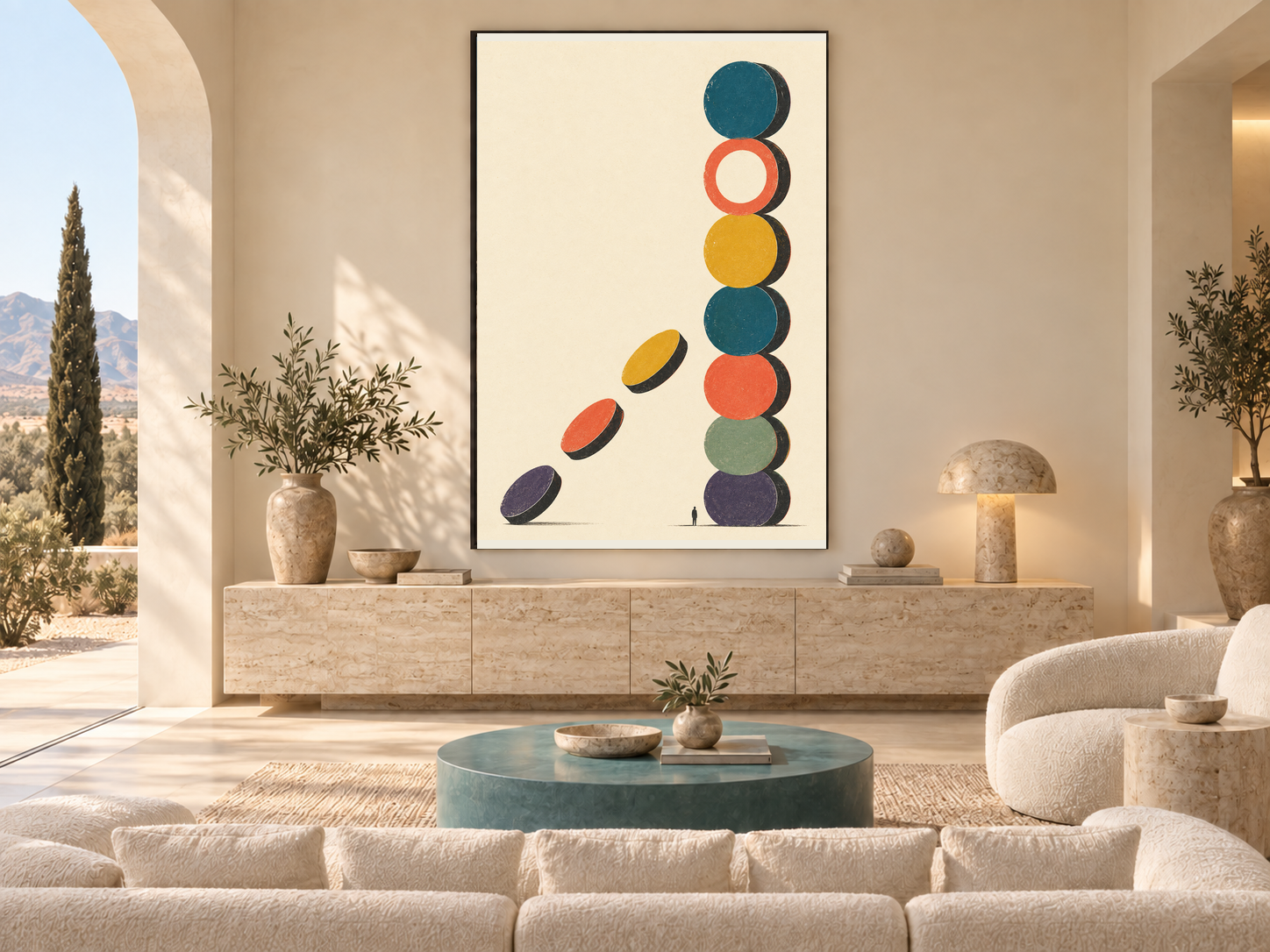 Living room with vertical stack of saturated circular discs with earlier discs peeling away across a wide cream field.