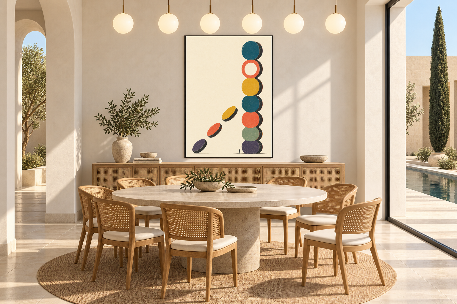 Dining room with vertical stack of saturated circular discs with earlier discs peeling away across a wide cream field.