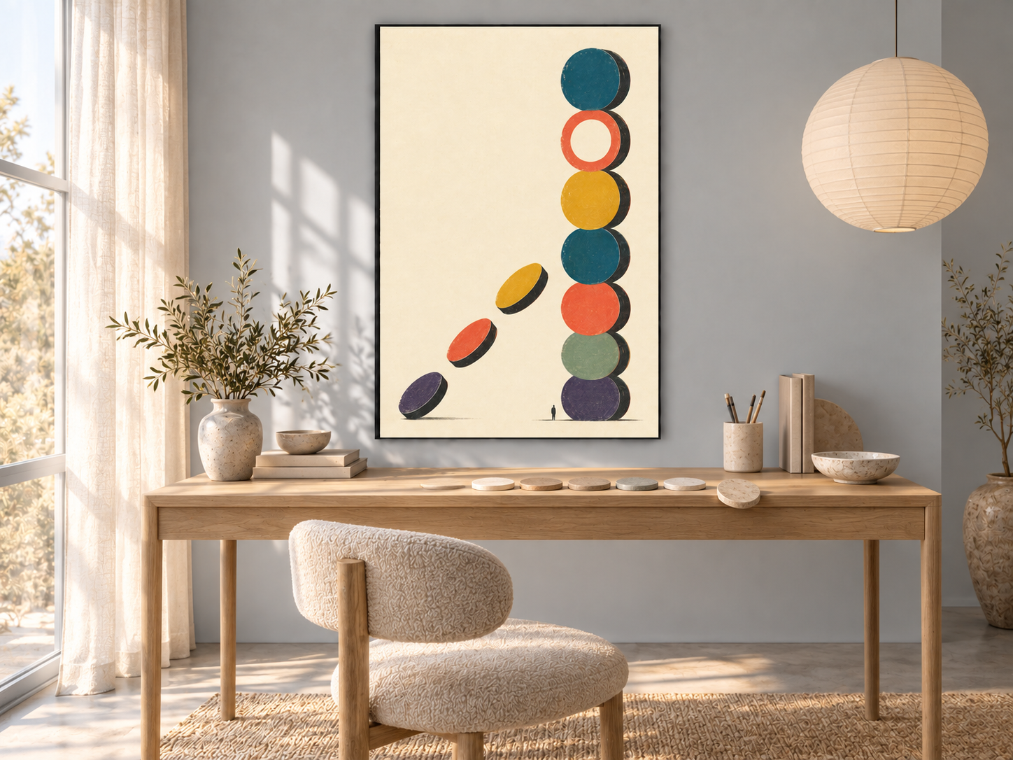 Dawn home studio with Hours That Left First framed above a desk where one round coaster has slipped from its row.