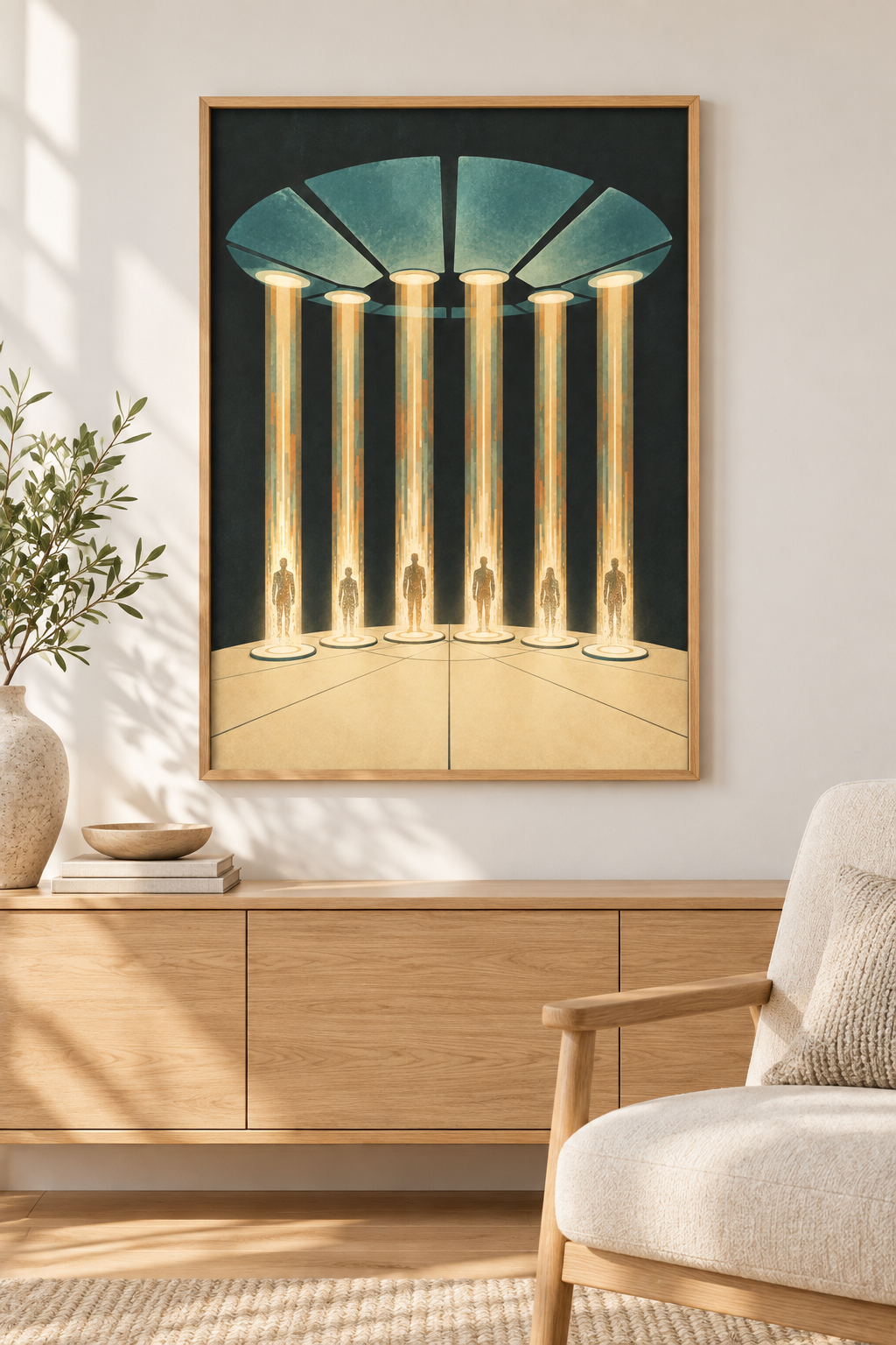 The Six Arrivals framed in a calm original Northbound interior