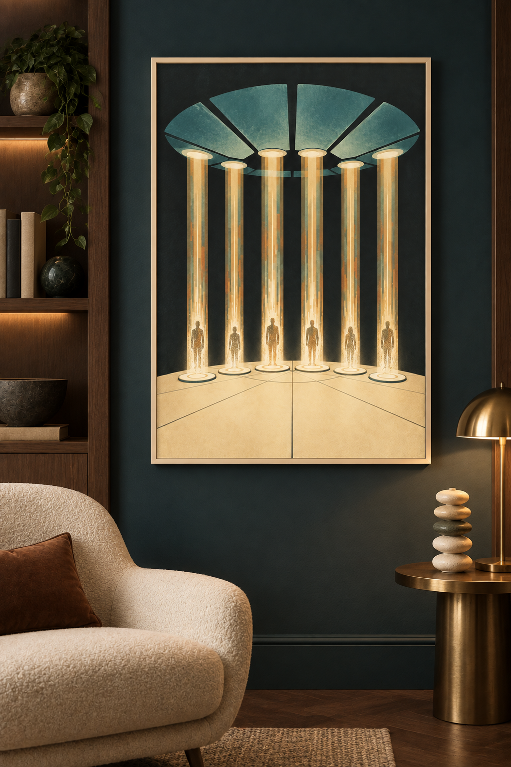 The Six Arrivals framed in a calm original Northbound interior