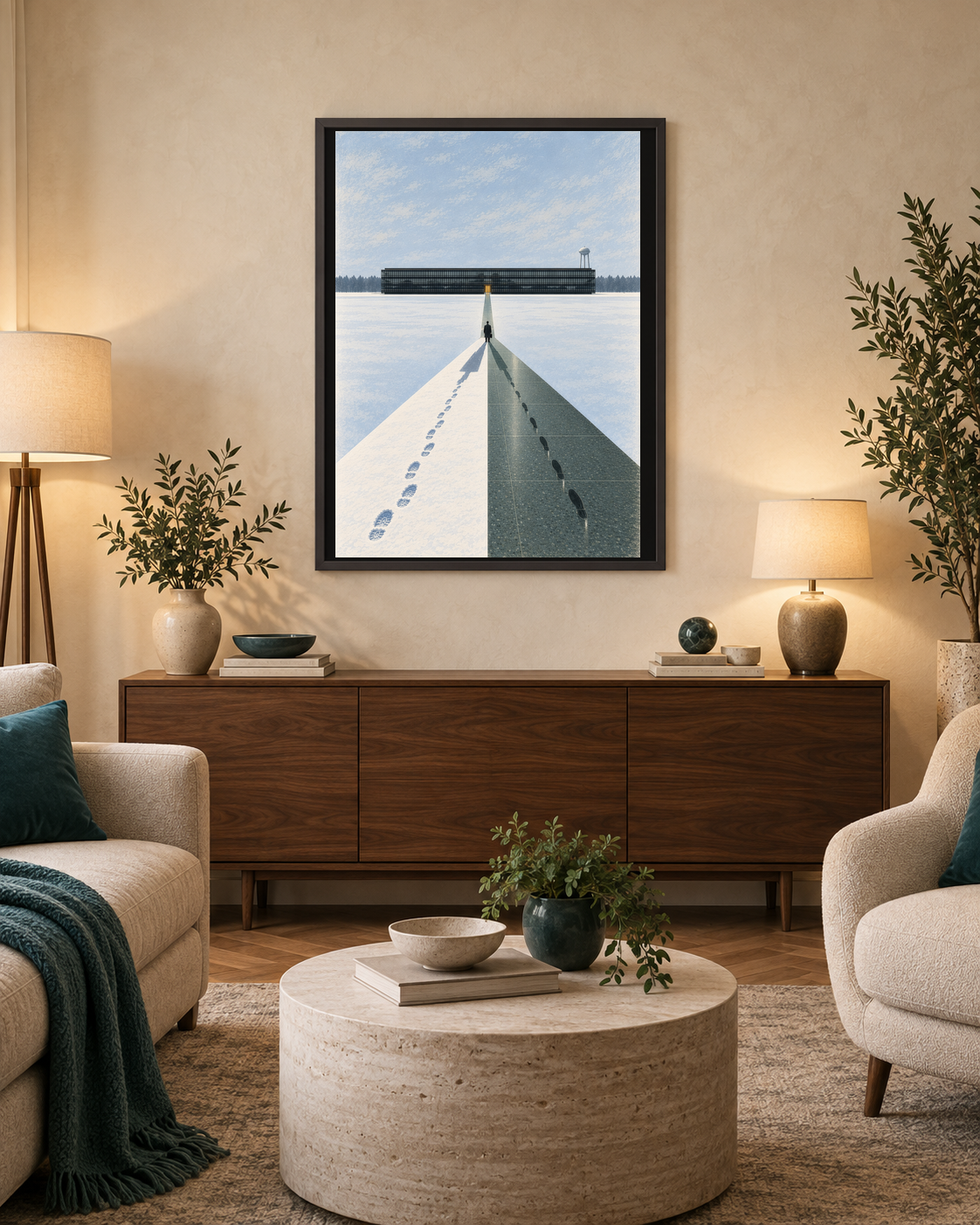 SEV-02 art print above a walnut sideboard in a warm ivory living room with coordinated cream seating and illuminated lamps.