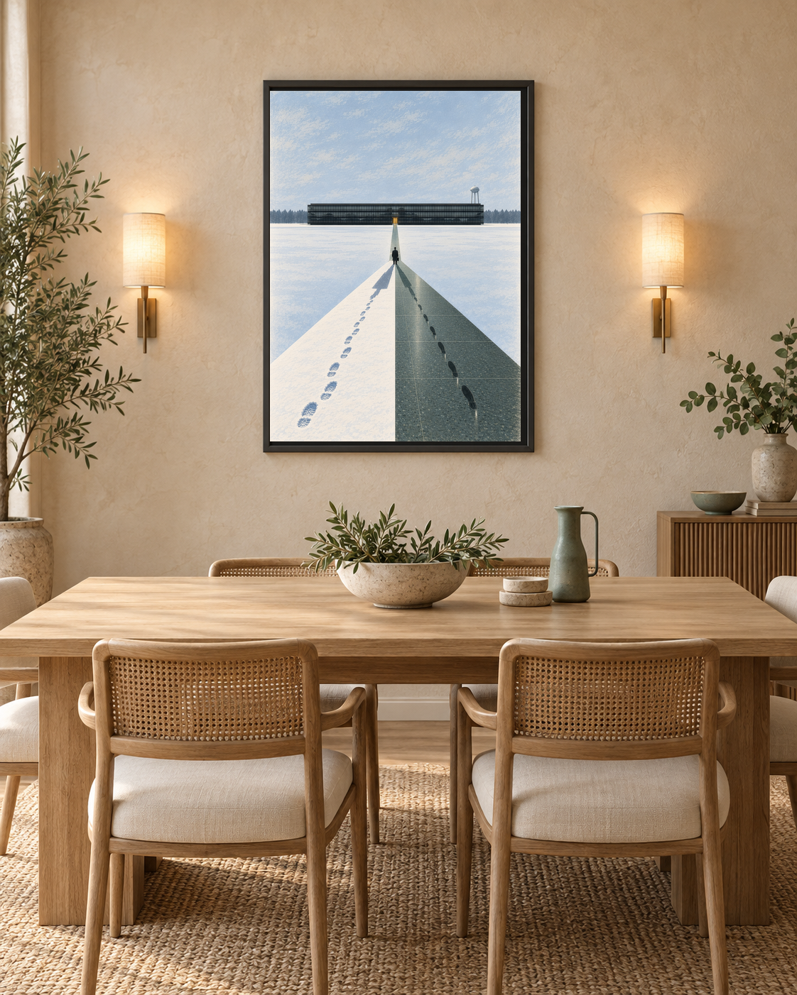 SEV-02 art print above a pale oak dining table in a warm ivory dining room with coordinated cane chairs and illuminated wall lights.