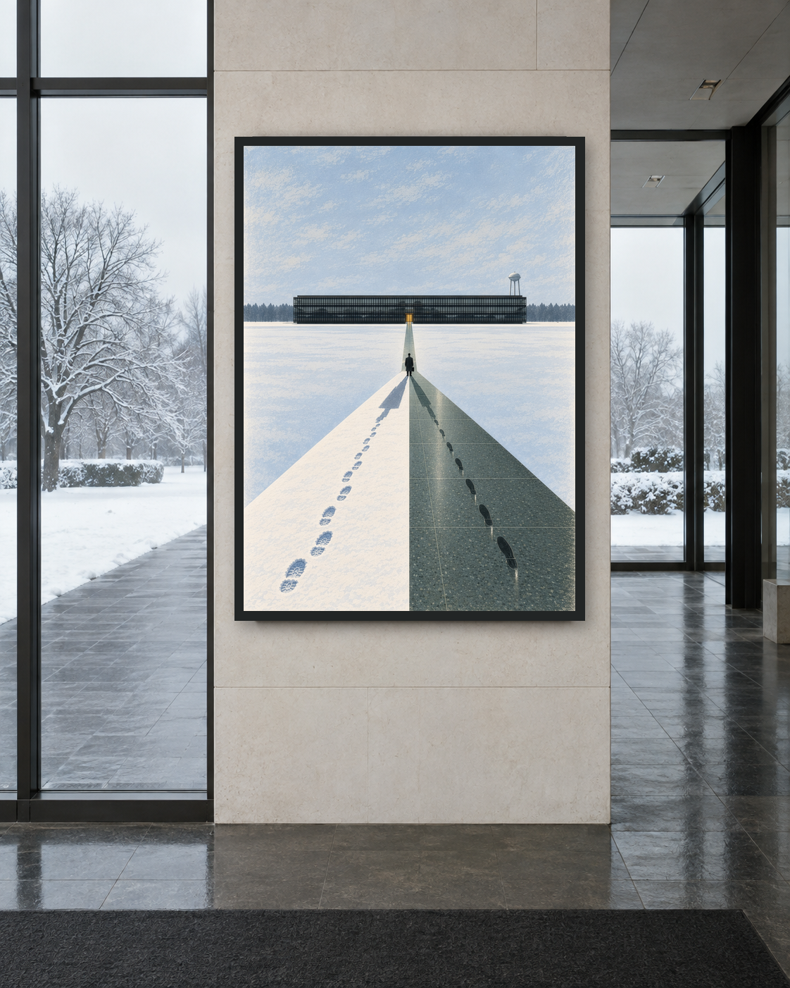 SEV-02 art print displayed in a severe winter arrival vestibule between snowy ground and dark paving.