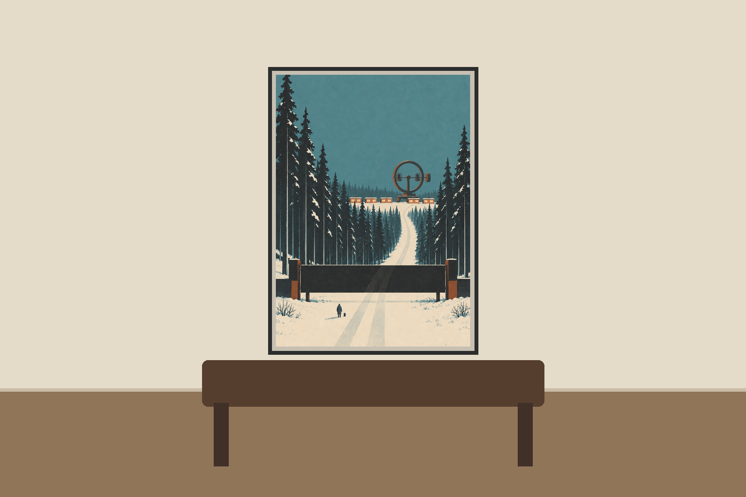 Modernist winter art print with a pale road crossing a monumental charcoal barrier toward five warm modules and a rust training ring, shown in a slim charcoal frame.