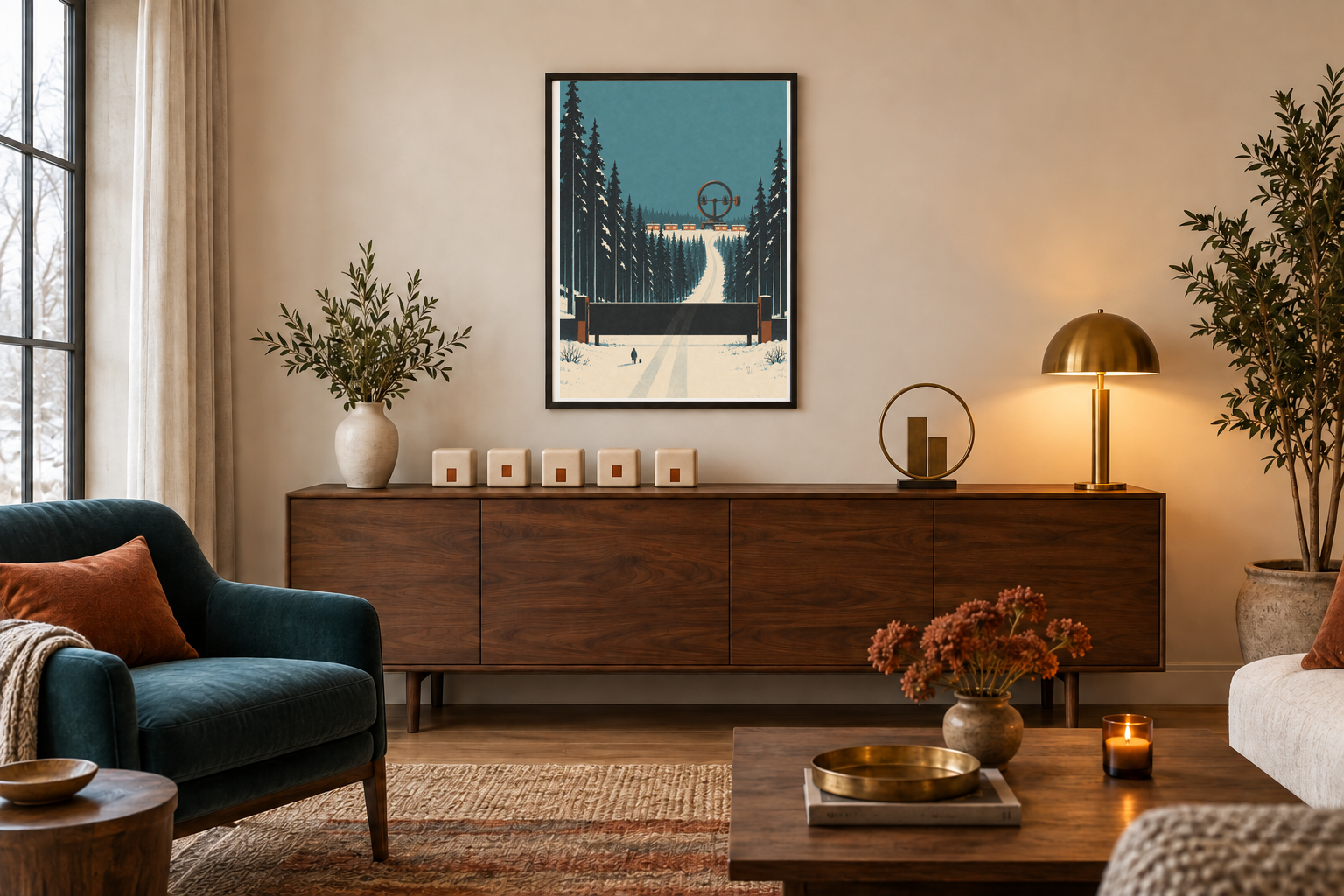 The Ring Beyond the Barrier art print above a walnut sideboard in a warm ivory living room with five cream ceramic blocks, a circular brass sculpture and illuminated lamp.
