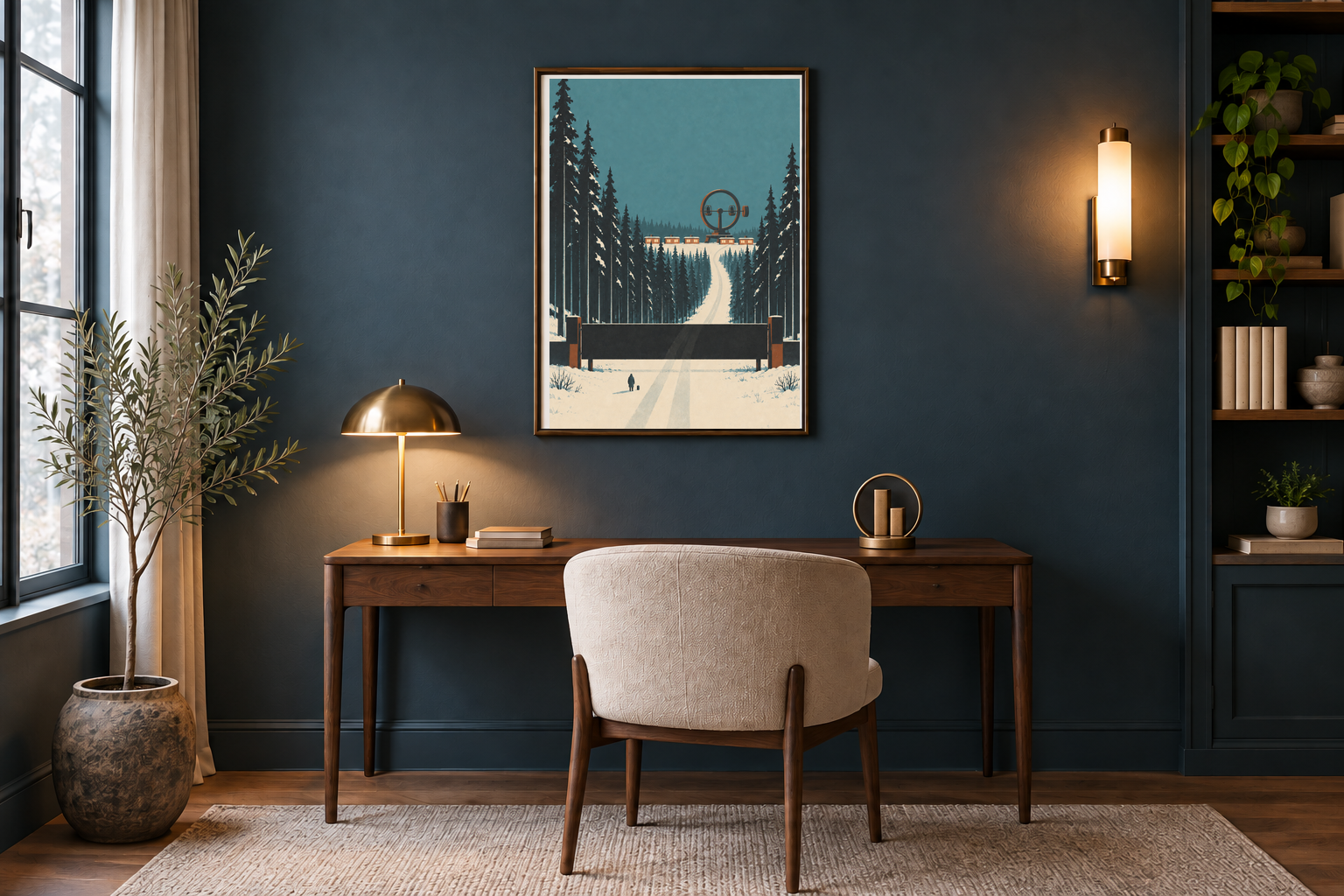 The Ring Beyond the Barrier art print above a walnut desk in a petrol-blue study with five cream books, a circular bronze desk sculpture and two illuminated lights.