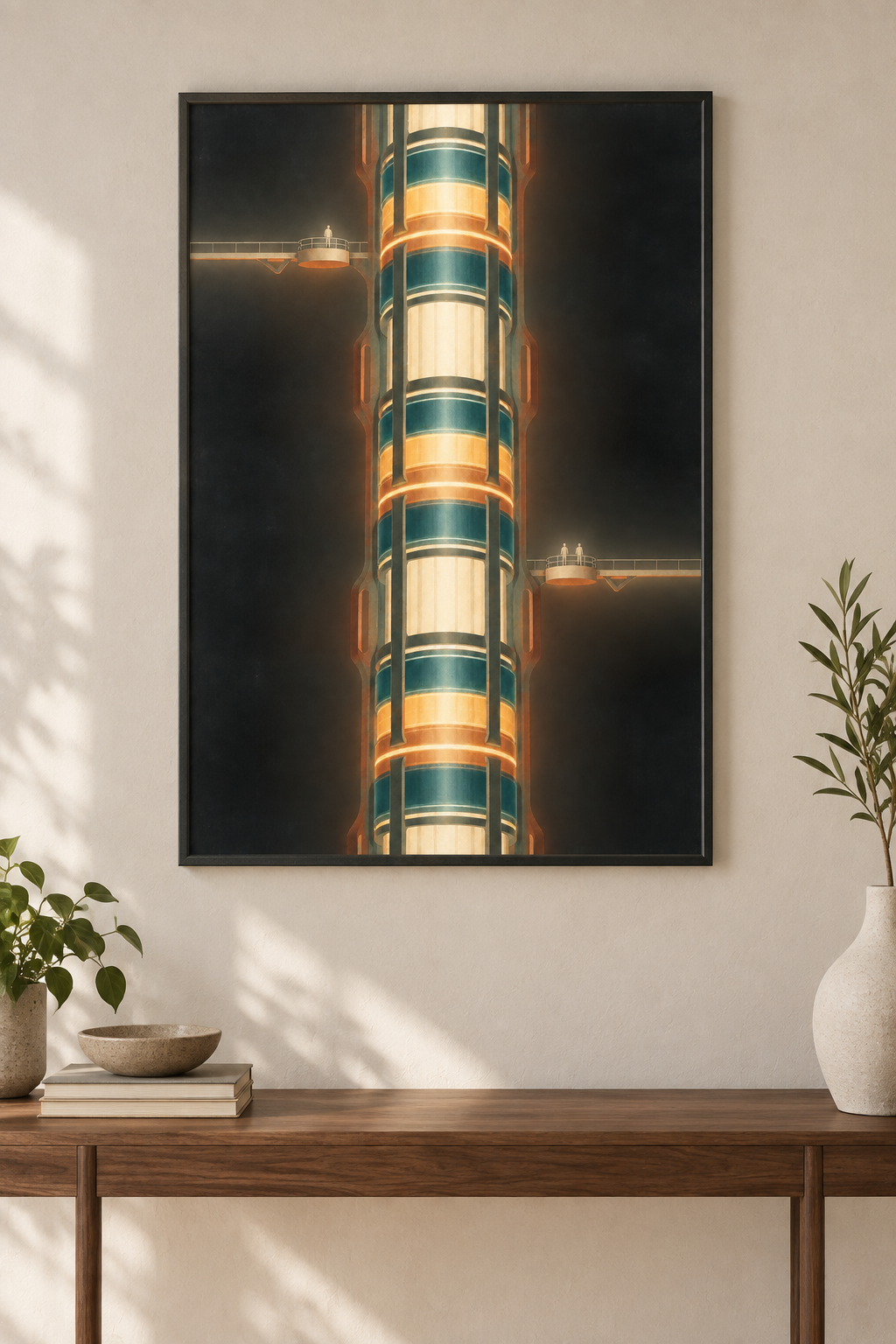 The Living Core art print showing a tall teal and amber energy column crossed by two catwalks