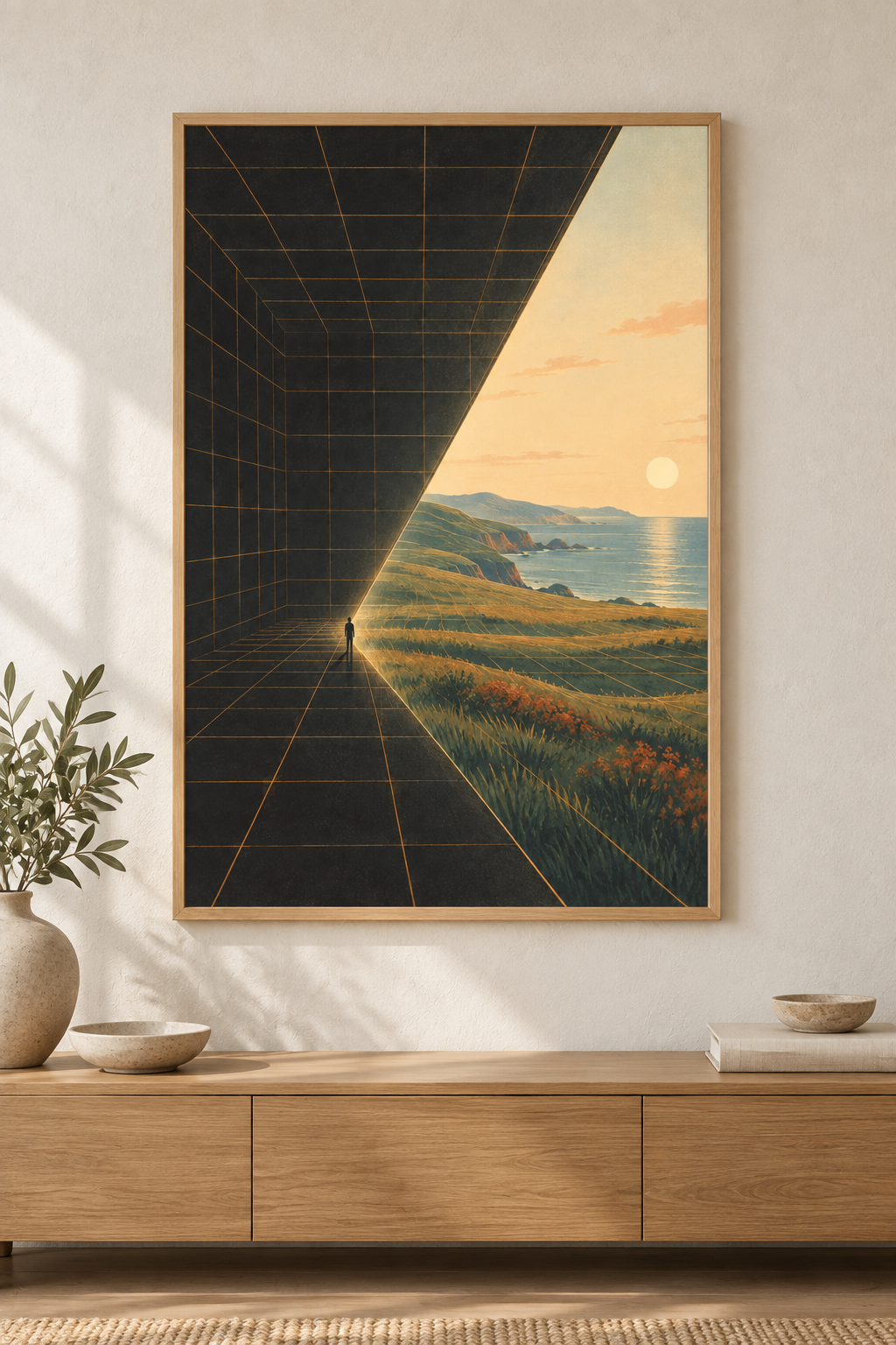 The Room Becomes a World art print showing an amber grid room opening onto a coastal landscape