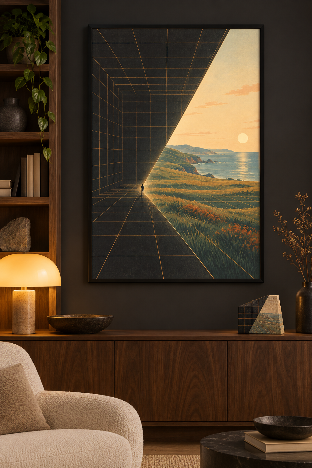 The Room Becomes a World framed in a calm original Northbound interior