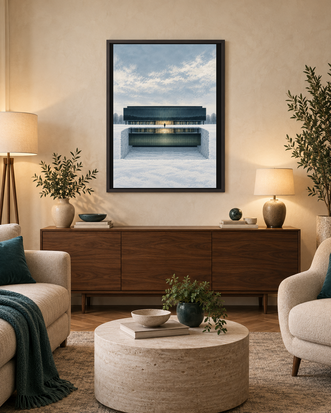 SEV-03 art print above a walnut sideboard in a warm ivory living room with coordinated cream seating and illuminated lamps.