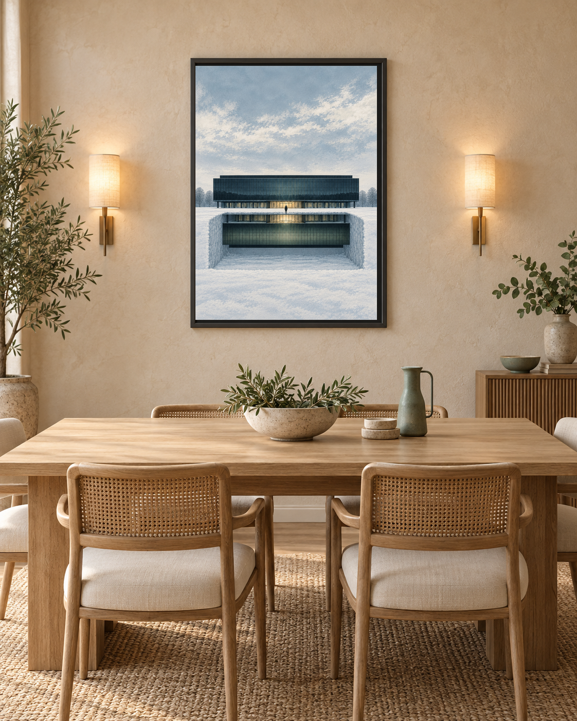 SEV-03 art print above a pale oak dining table in a warm ivory dining room with coordinated cane chairs and illuminated wall lights.