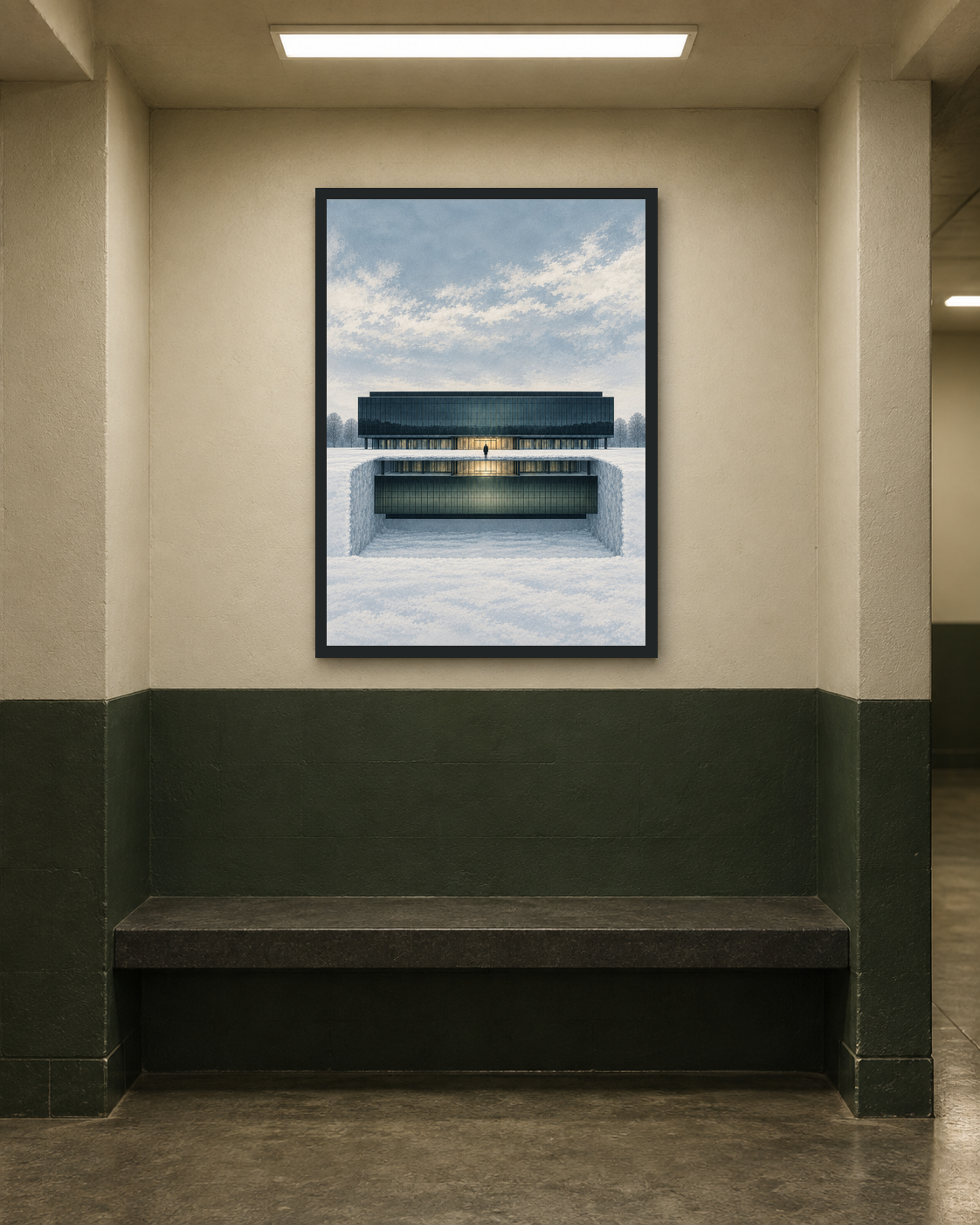 SEV-03 art print displayed in a below-grade institutional rest niche divided into cream and dark-green planes.